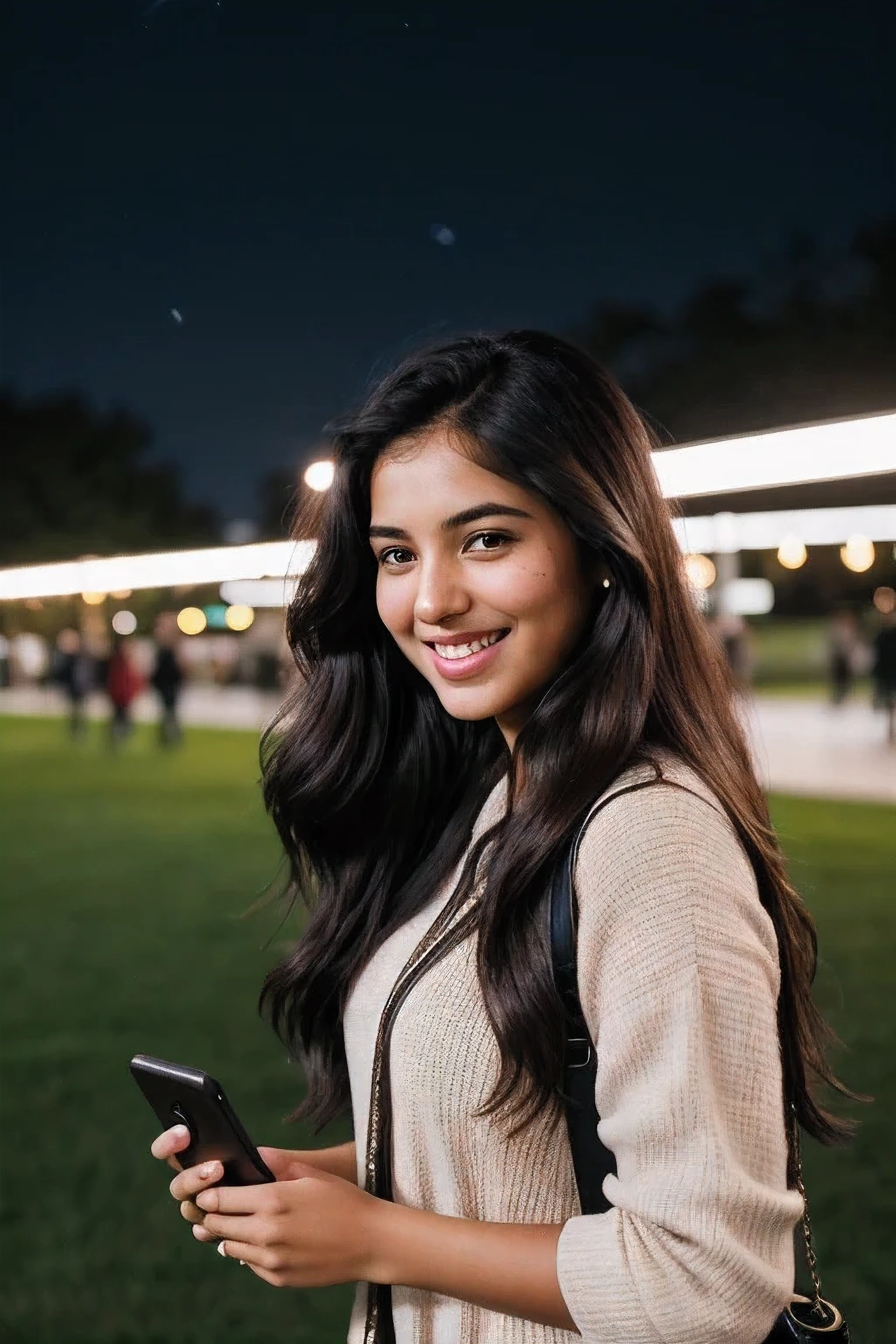 Photorealistic portrait of a 21-year-old north-indian girl with long black wave hair.She has dark chocolate brown eyes.She is natural. She should have a lot freckles on her face. She is natural and ultrarealistic and hiper-realistic.very hermosa model. it is nighttime. . she shows her dior outfit . hyper-realistic image. she is holding an iphone in her left hand. she is not looking towards the camera. she is looking to the left. the photograph does not show her in close-up. she is walking along a park. it is nighttime. ultra-realistic.she is laughing