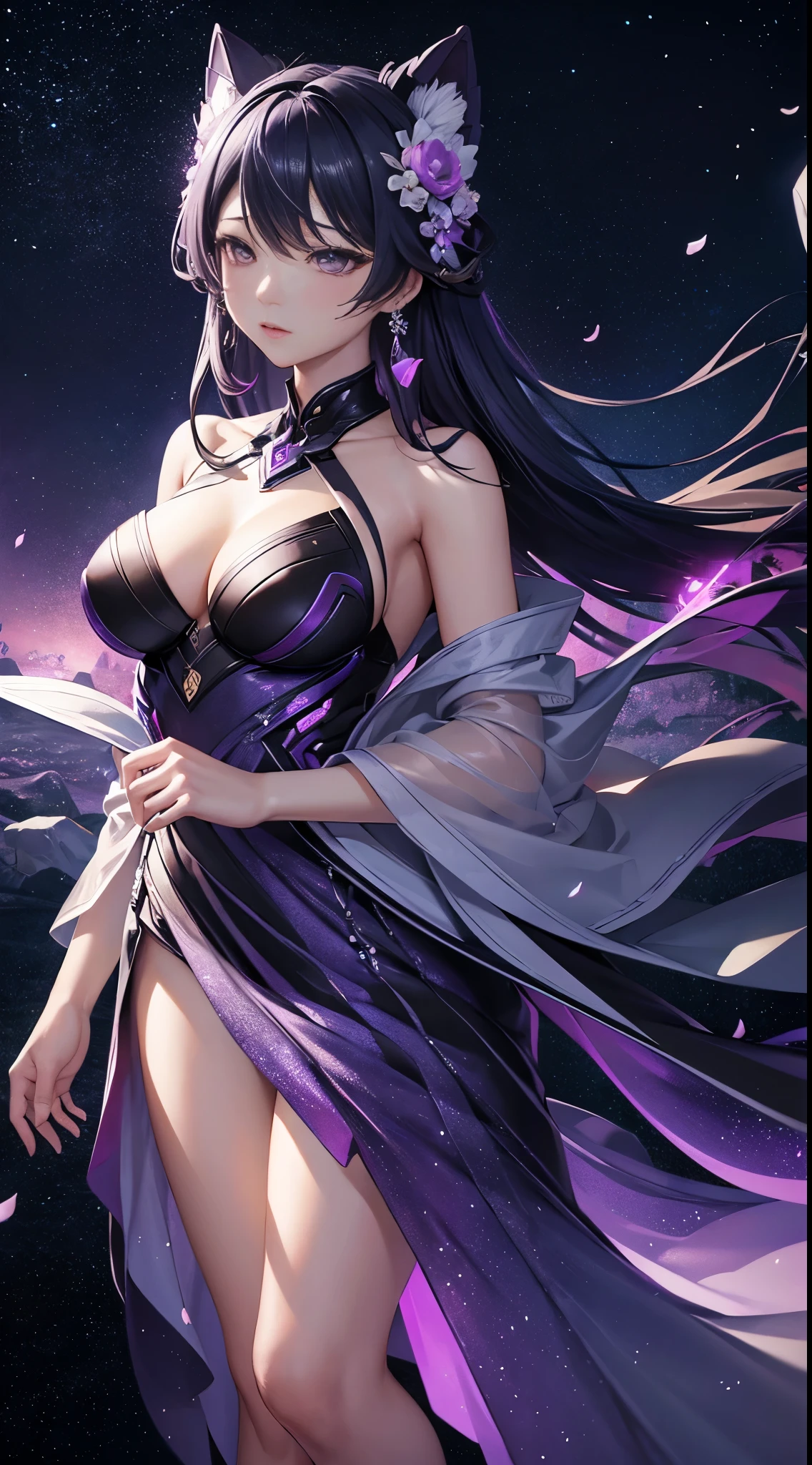dreAmwAve, Aesthetic, A (冷冻:1.1) 宇宙玫瑰, the petAls glitter with A crystAlline shimmer, swirling nebulAs, 8k unreAl engine photoreAlism, ethereAl lighting, 紫色的, 夜间, dArkness, surreAl Art