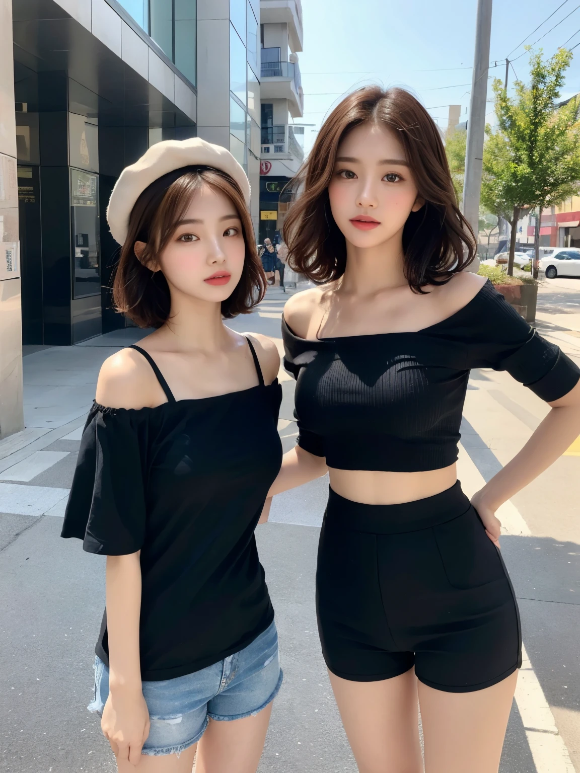 （（best quality，8K，master piece：1.3）），（Flower Cap：1.3），one person、perfect beauty：1.4，????????：1.2，（layered hairstyles：1.2）），（street：1.3），Highly detailed face and skin texture，full body esbian，delicate eyes，double eyelid，whiten skin，short wavy hair，Cute Korean Beauties（With a round face：1.5），（Loose top，short pants：1.6）