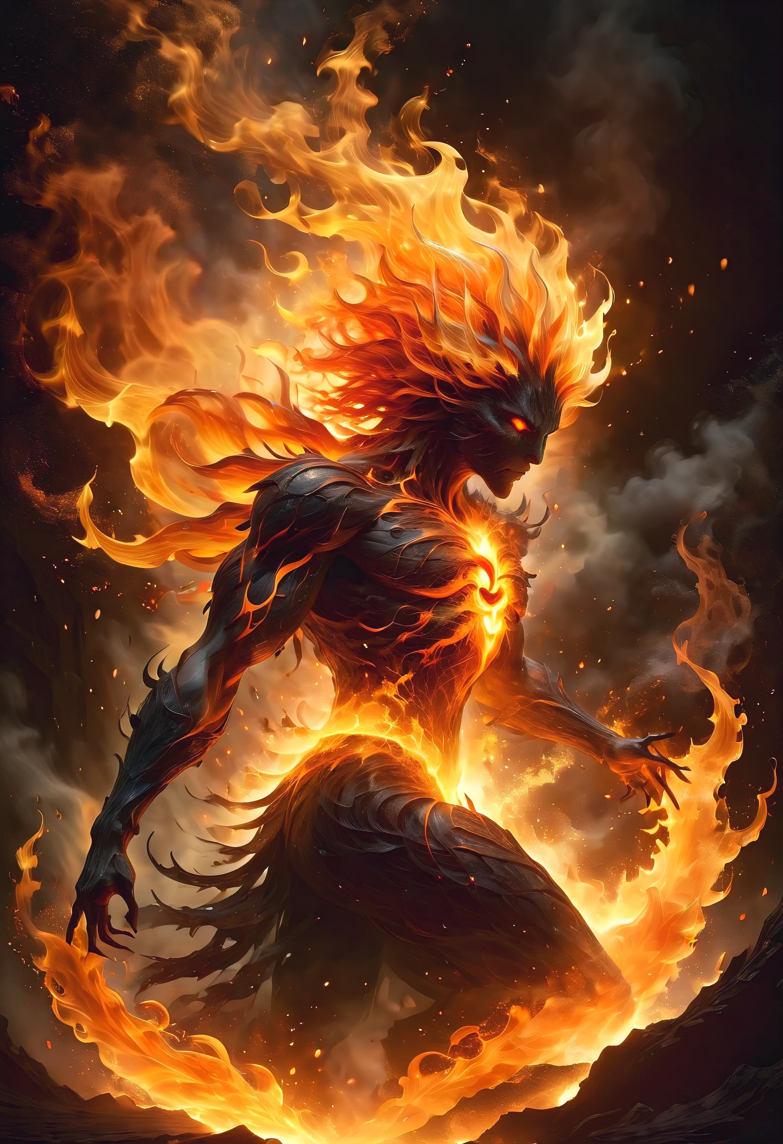 (best quality,realistic:1.37),detailed fiery creature,glowing embers,ethereal smoke,mystical being,fiery magic,powerful presence,vibrant colors,shadowy silhouette,hot and intense flames,burning sparks,glimmers of light,jagged fiery tendrils,dynamic movement,mythical realm,ancient power,wisps of smoke,fiery inferno,ominous atmosphere,dark background,intense heat,smoky haze,otherworldly beauty,magical essence,dancing flames,fiery vortex,illuminated eyes,breath of fire,molten lava,smoldering embers,enchanted powers,dark and mysterious,elemental energy,swirling smoke tendrils,unleashed fury,mesmerizing spectacle,transcendent aura,supernatural strength,flaming manifestation,transformed reality,fiery touch,illuminating presence,spellbinding enchantment,burning desires,revealing the unseen,consuming passion,majestic spectacle.