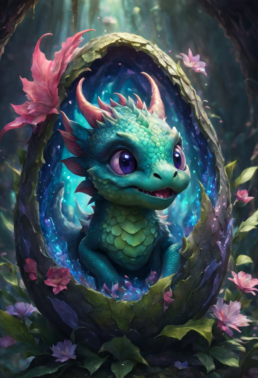 "mind-blowing cute baby dragon in a metamorphic cataclysm flower blossom egg", 8k resolution concept art portrait, Artgerm, WLOP, dynamic lighting, intricately detailed,triadic colors, Unreal Engine 5, volumetric lighting, detailed matte painting, deep color, fantastical, intricate detail, splash screen, complementary colors, fantasy concept