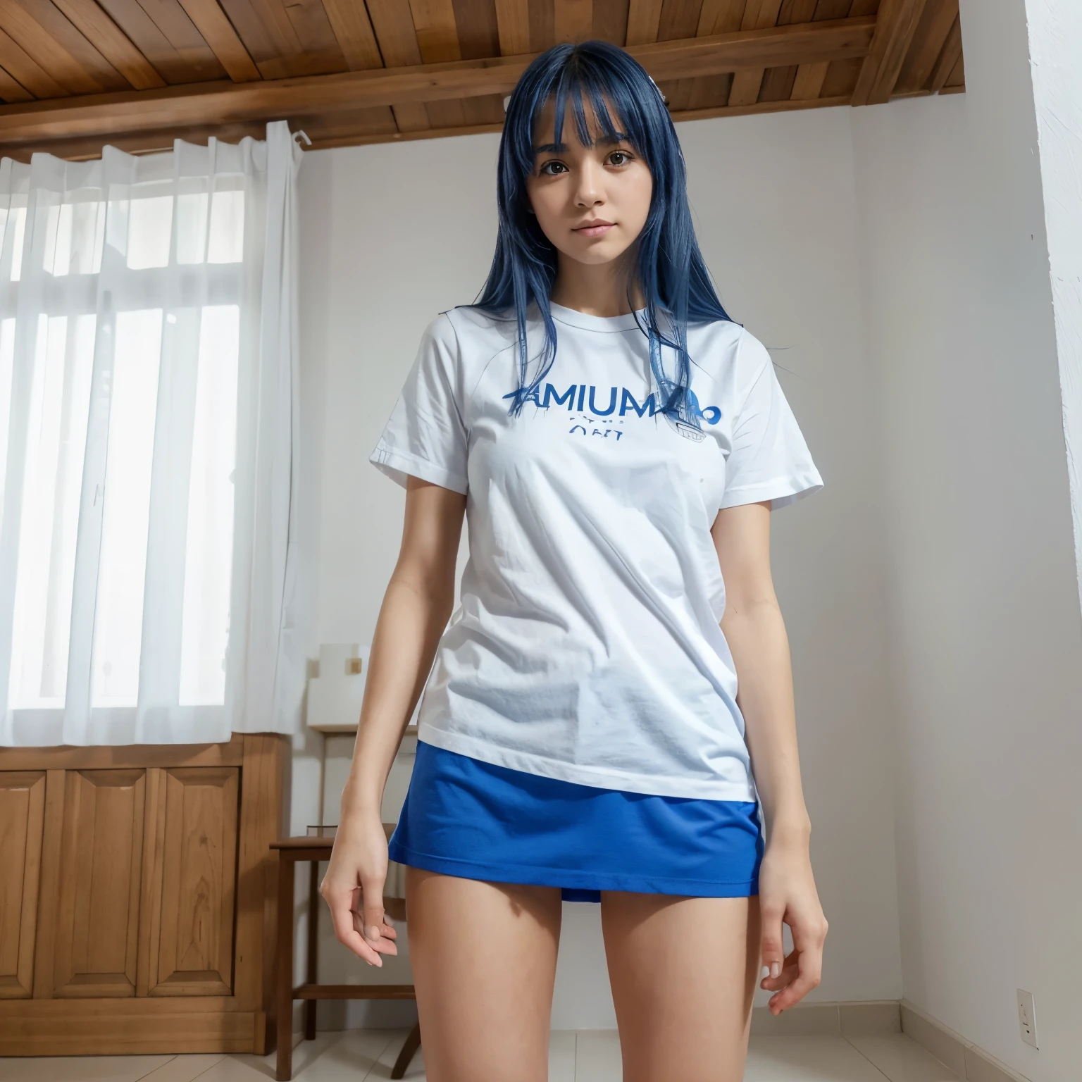 Chica anime, con falda y ropa interior mojada color azul, abierta de piernas sonrojada pelo corto blanco, pechos grandes