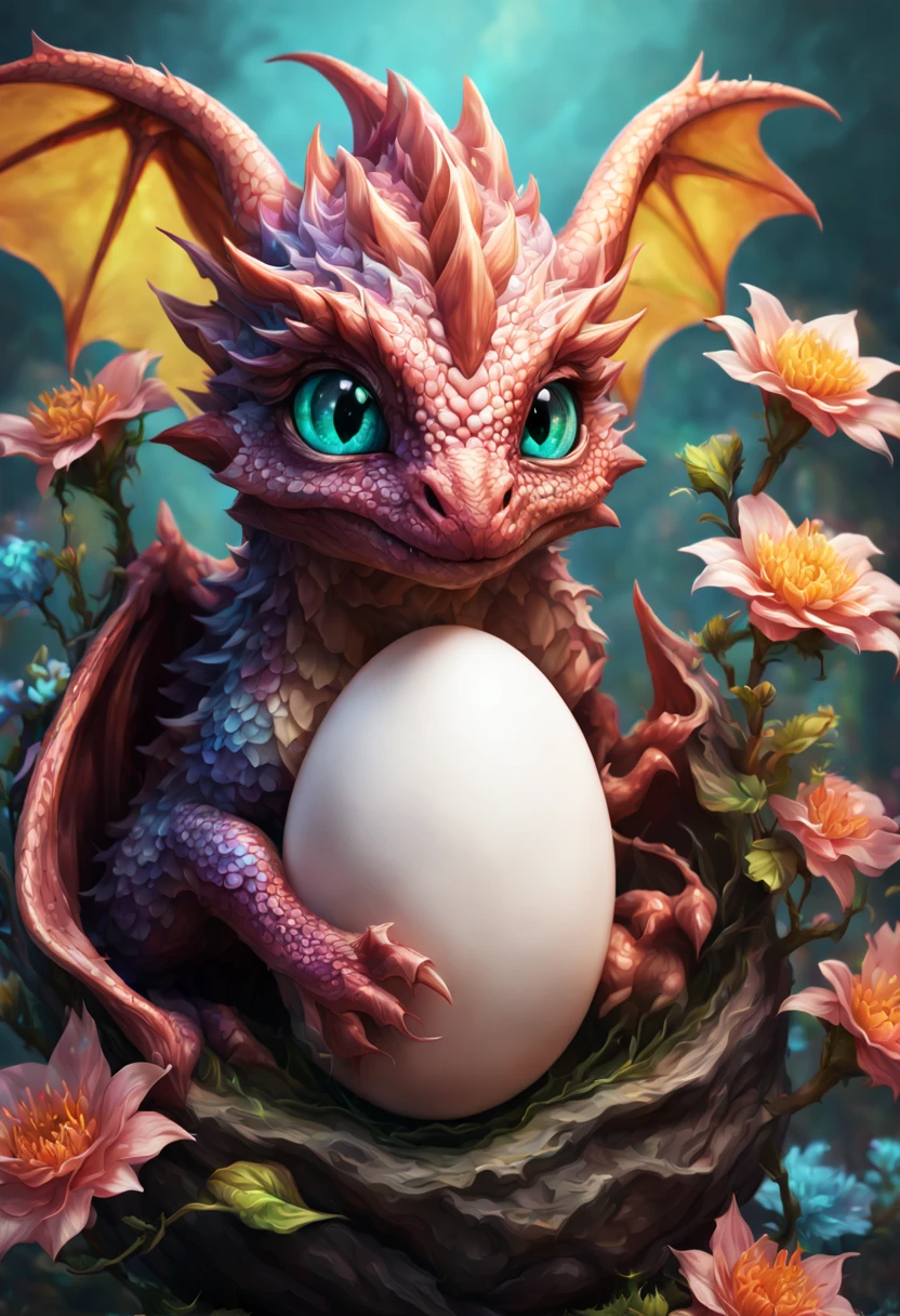 "mind-blowing cute baby dragon in a metamorphic cataclysm flower blossom egg", 8k resolution concept art portrait, Artgerm, WLOP, dynamic lighting, intricately detailed,triadic colors, Unreal Engine 5, volumetric lighting, detailed matte painting, deep color, fantastical, intricate detail, splash screen, complementary colors, fantasy concept