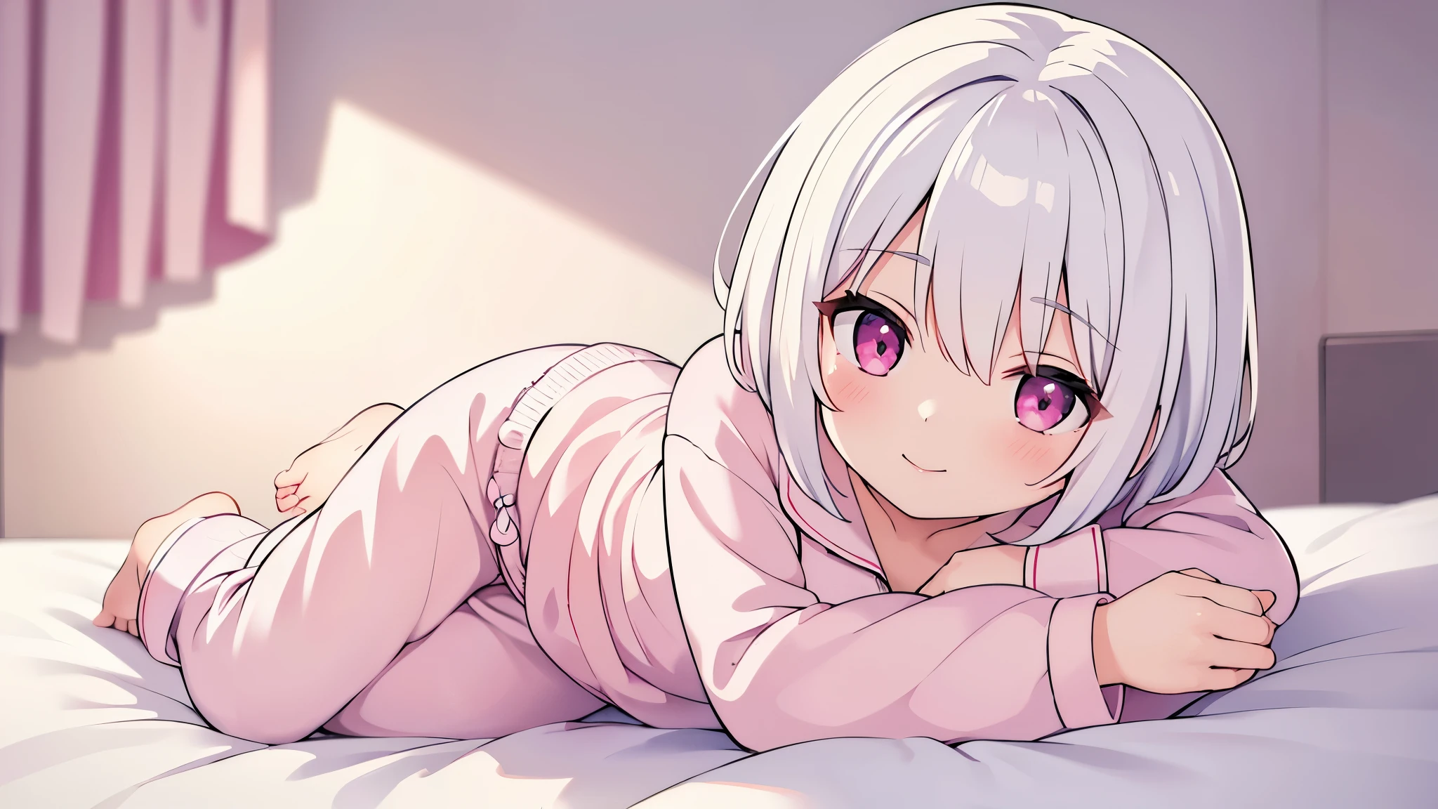 (masterpiece),(Highest image quality),High resolution,(Dainty and cute),(very detailed), 1girl, solo,An illustration,fantasy,(short hair),white hair color,perm,pajamas,pink eyes,small breasts,smile,background through,on the bed
