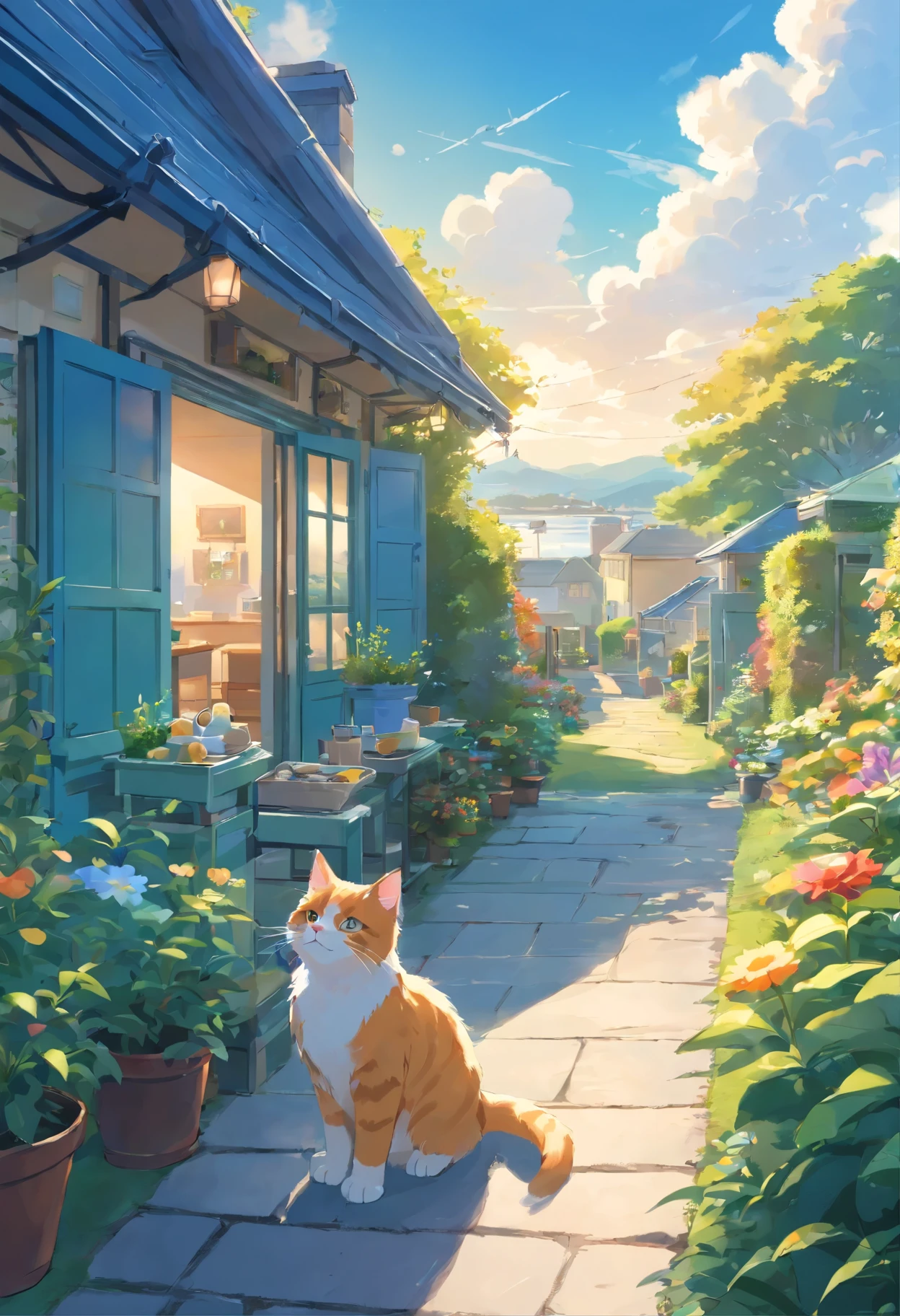Scottish folding cat,  Have breakfast, trpical garden, House in the distance. Blue sky.