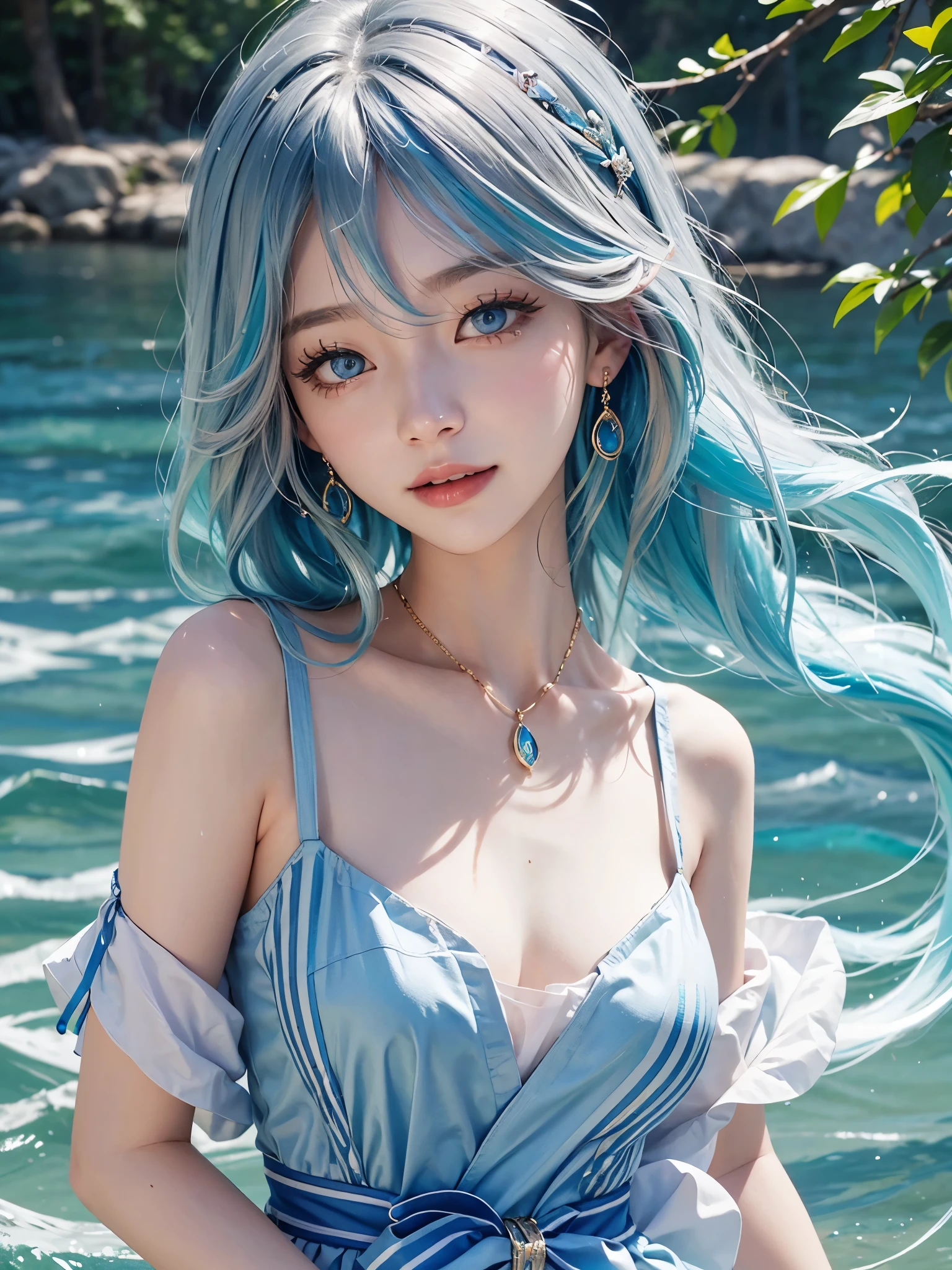 1girl、solo、looking at the audience、Smile、medium long hair、open mouth、Bangs、blue eyes、bare shoulders、jewelry、Upper body、blue hair、earrings、O cabelo multicolorido、collar、virtual_youtuber、Vest、water、Off the shoulders、black dress、striped hair、tattoo、Floating hair、Headband、Beautiful detailed sky、美丽的water、泼water、浑身是water珠、空中很多water珠、Sunlight、Ray tracing、masterpiece、facing the camera