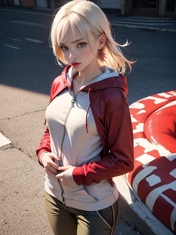 (best quality, 8k, highres, photorealistic:2.0), (solo, one girl:2.0),(lighting:front),(lighting: strong),(american beauty:2.0),(girl is very muscular:1.5),(shiny skin:1.5),(oily skin:1.5),(platinum blonde hair color:1.5),(flat chest:1.5),(((small breasts))),(Photographed in the slums of Detroit),(ultimate beautiful girl),(((energetic woman))),(((hip hop culture))),(hip hop dancer),(low rise pants),((track jacket zip full open)),(navel is visible),(((hip hugging pants))),Blush brown makeup , dark eye makeup ,pink lipstick,(big eyes girl:1.3),(((girl's sexual charm))),(The girl's amazing sex appeal)
