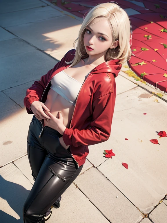 (best quality, 8k, highres, photorealistic:2.0), (solo, one girl:2.0),(lighting:front),(lighting: strong),(american beauty:2.0),(girl is very muscular:1.5),(shiny skin:1.5),(oily skin:1.5),(platinum blonde hair color:1.5),(flat chest:1.5),(((small breasts))),(Photographed in the slums of Detroit),(ultimate beautiful girl),(energetic woman),(hip hop dancer),((low rise pants)),((track jacket zip full open)),(navel is visible),(abdomen is visible),(((hip hugging pants))),Blush brown makeup , dark eye makeup ,pink lipstick,(big eyes girl:1.3),(((girl's sexual charm))),(The girl's amazing sex appeal),(open the zipper of pants)