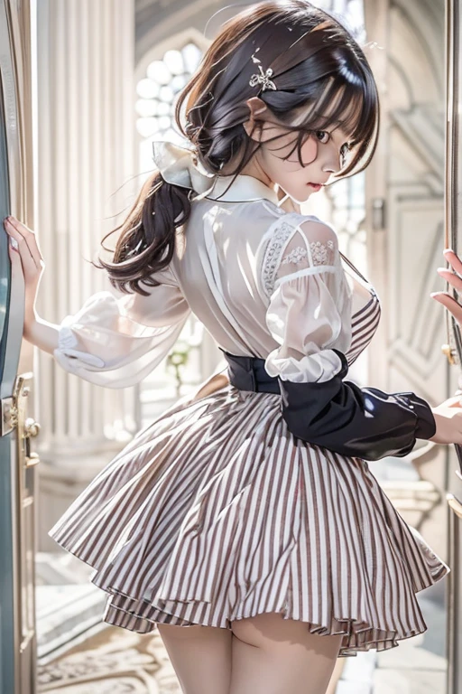 master piece , best quality, 1 person, ((contrasting eyes)), blouse , skirt , from back