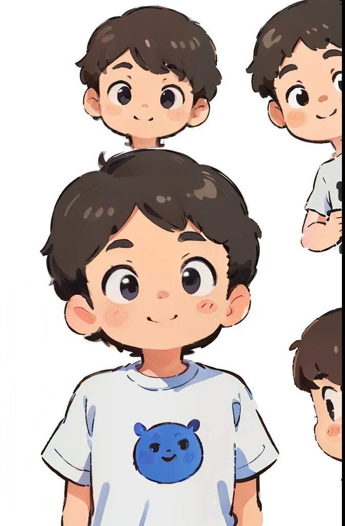 boy, Short hair, round face, big eyes, White T-shirt, Smile, Multi-view diagram