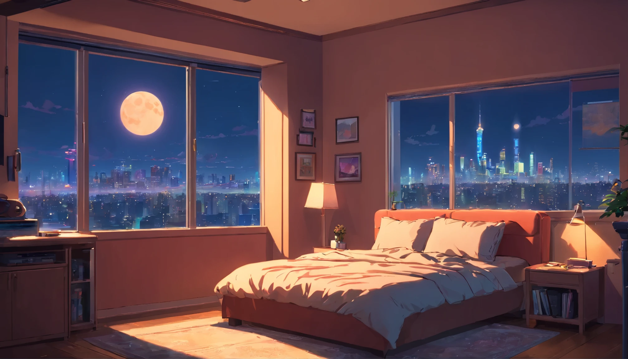 3D animated movie still from Cozy Room, Large windows with city view at night, crested moon, gloomy, Sad mood, The bed is unmade, Cluttered with mismatched furniture, In Pixar style, Disney, vaporwave, Urban night view, Uninhabited, There is a big TV