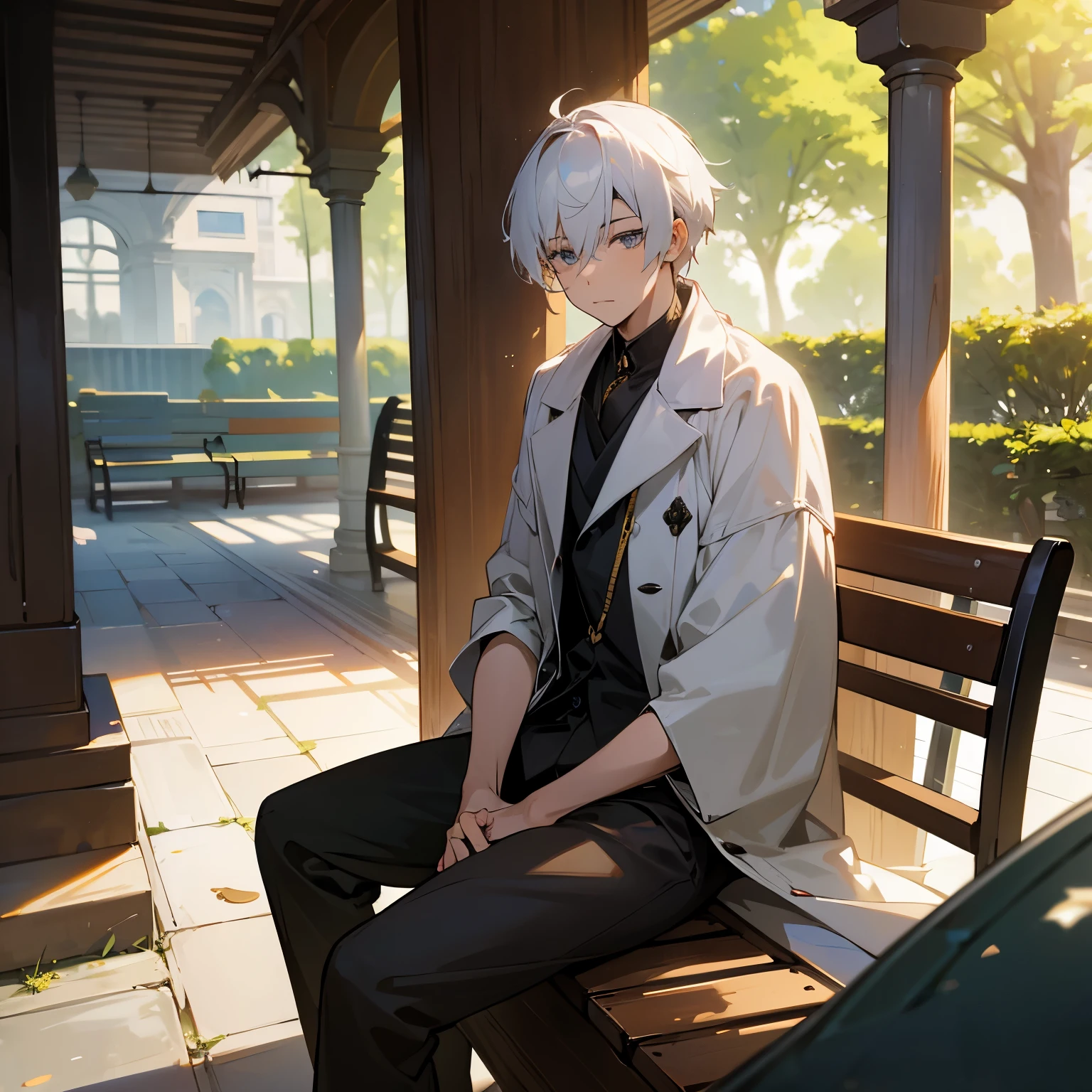 White haired guy sitting on the bench