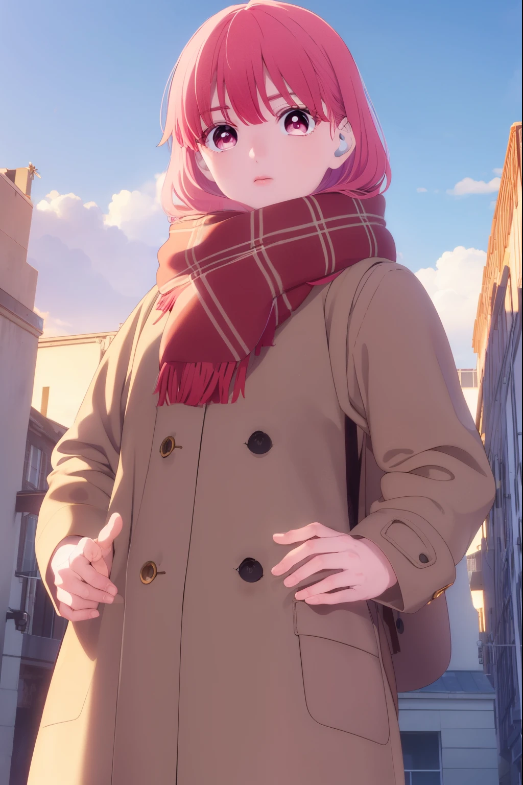 yukiitose, yuki itose, long hair, pink hair, red hair, (pink eyes:1.3),
BREAK long sleeves, scarf, coat, brown coat,
BREAK outdoors, city, snow, snowflake, sun, clouds,
BREAK looking at viewer, (cowboy shot:1.5),
BREAK (masterpiece:1.2), best quality, high resolution, unity 8k wallpaper, (illustration:0.8), (beautiful detailed eyes:1.6), extremely detailed face, perfect lighting, extremely detailed CG, (perfect hands, perfect anatomy),