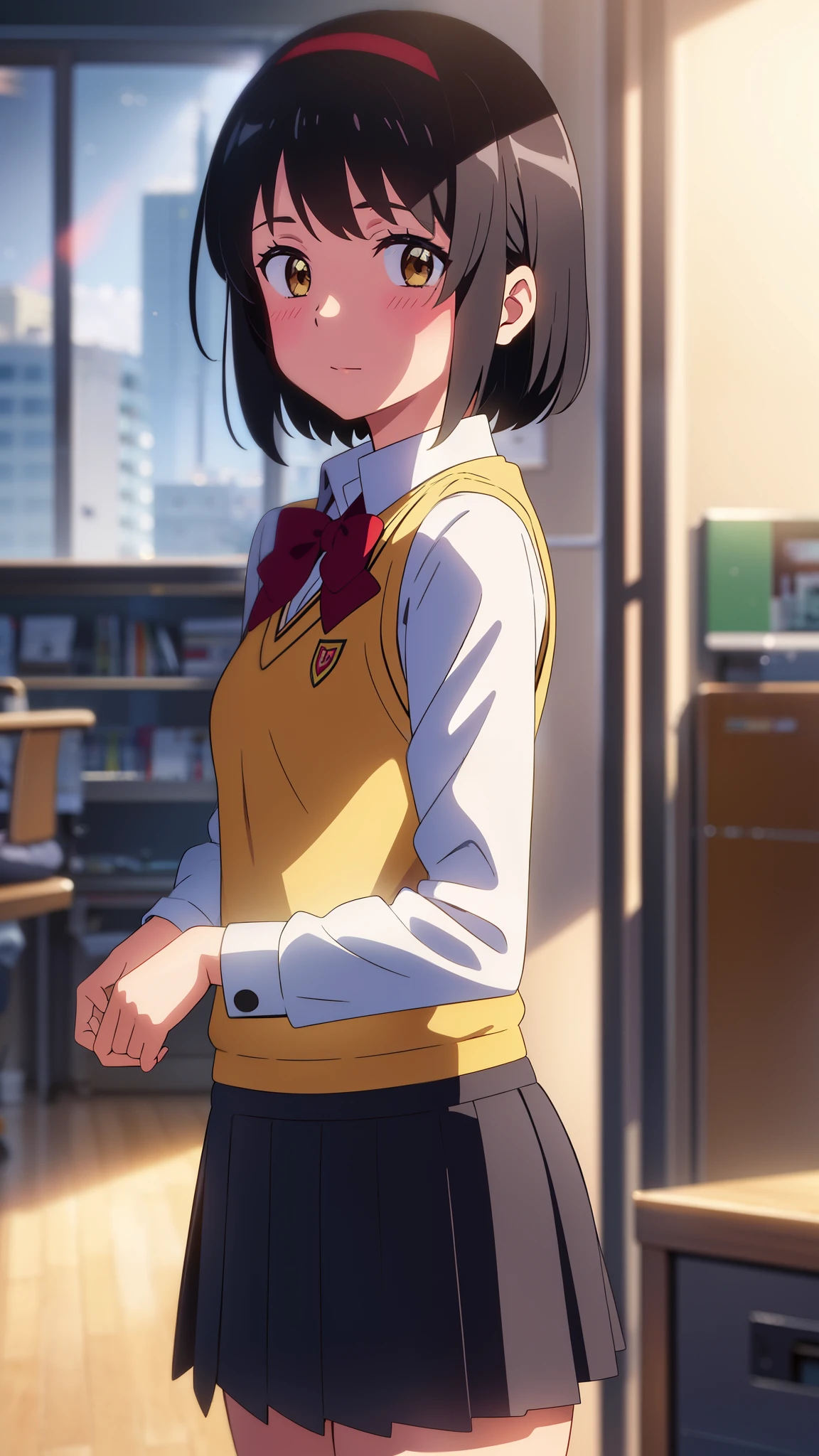 shinkai makoto, kimi no na wa., 1girl, bangs, black hair, blush, brown eyes, shiny skin, red headband, red ribbon, red bow, White dress shirt, sweater vest, vest, yellow sweater vest, yellow vest, blue skirt, looking at the viewer, short hair, cute, solo, best quality, hires, office, buildings from window, detailed background, diffused sunlight, depth of field, bokeh