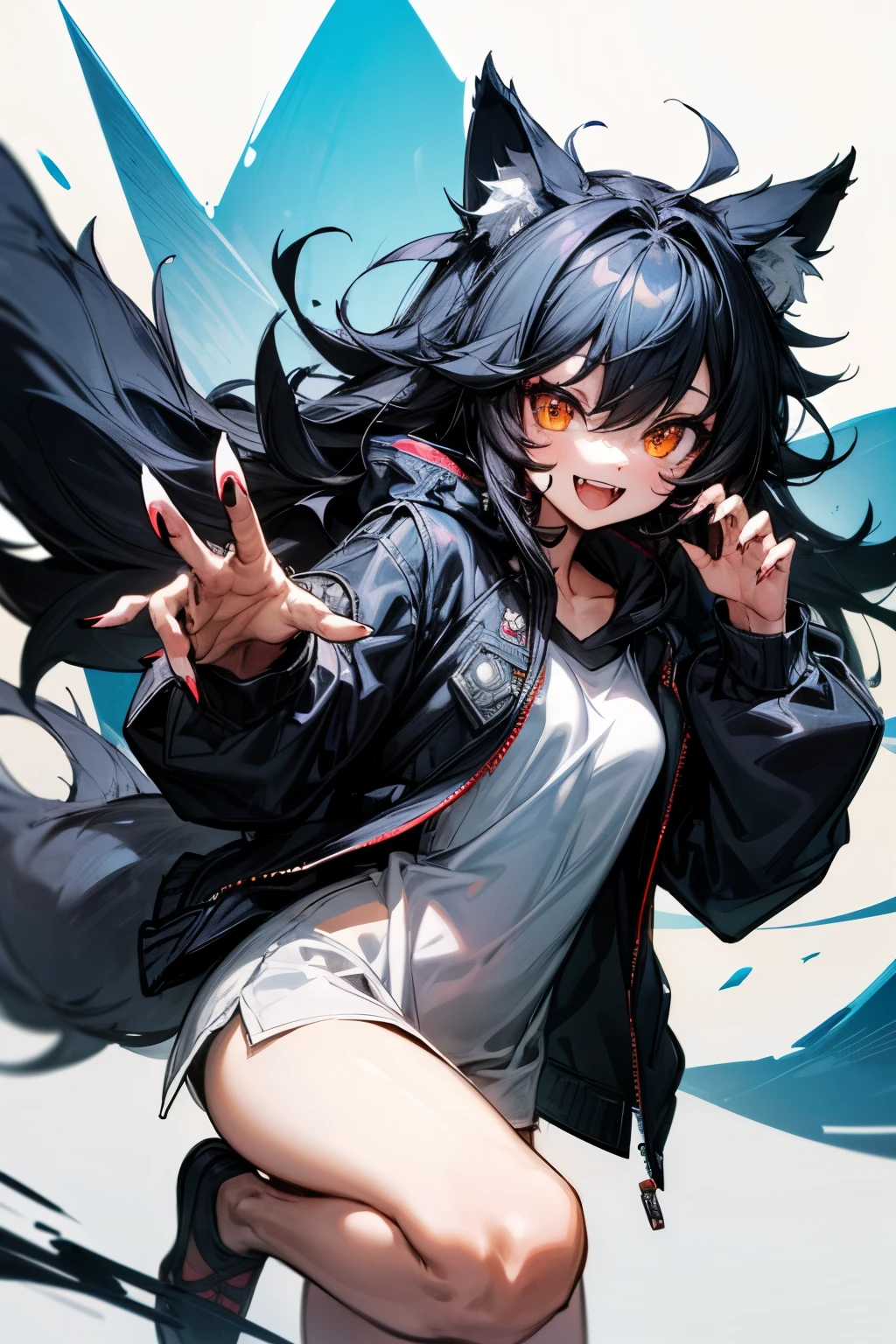 masterpiece, best quality, ultra-detailed, beautiful, nai3, 1girl, solo, smile, wolf girl, wolf ears, wolf tail, fluffy, messy hair, black hair, fangs, open mouth, :d, open jacket, claw pose, sharp fingernails, black nails, (moe artstyle:1.2), (scribble lineart1.2), (messy lineart:1.2), (sketch:1.3)
