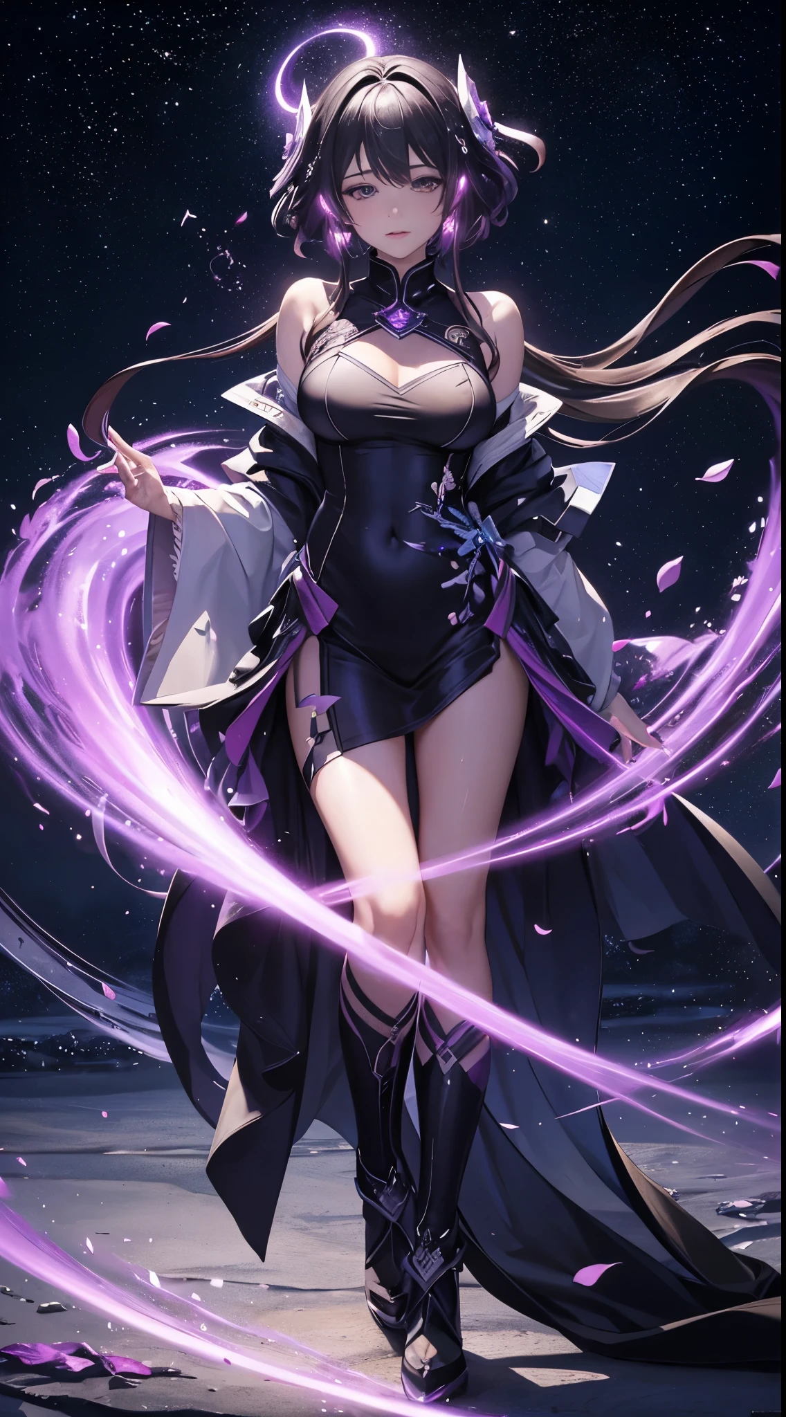 (foto ultra realista, 8k UHD, cheio de detalhes nas roupas e no rosto, master part, menina deusa da beleza). Shogun Raider from Genshin Impact is a sexy woman with long, purple flowing hair, que usa uma lingerie sexy altamente detalhada, She wears a jewel on the side of her head adorned with golden details and a jewel in the center. - Ela usa uma roupa roxa e rosa com detalhes dourados, com desenhos ornamentados em ouro. The upper part of the armor is tight to the body, destacando suas curvas. (ela tem seios longos, seios enormes e perfeitos emergindo de seu sexy, Erotic cleavage, SEIOS pontiagudos), ((micro calcinha transparente mostrando a bucetinha, buceta perfeita)), corpo definido, corpo com curvas, bunda grande e perky, buceta mostrando, His arms are covered in armored gloves with similar designs in gold and secured to the arm by straps... - A piece of cloth flows from his waist, complementando o visual da armadura. - Her face is very beautiful, She has light pink eyes and a serious expression. - Em segundo plano, there is a dramatic sky full of dark clouds and lightning lighting up the scene. The full moon is also visible between the clouds.