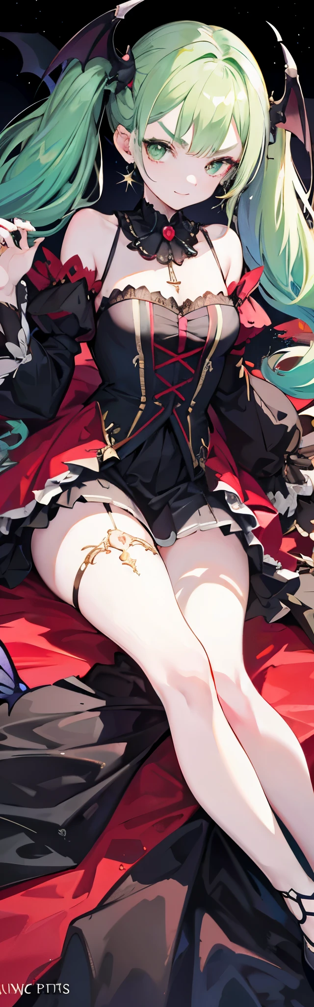 1 girl, smile, butterfly hair ornaments, butterfly earrings, green eyes, Upper body, No sleeve, sitting, red nails, (masterpiece, highest quality, highest quality, official art, beautiful and aesthetic: 1.2), (light green hair, Vertical roll twin tails),(Bangs aligned above the eyebrows:1.4),(Big eyes,slanted eyes),4K, hyper hd, solo focus, white skin, baroque, Gothic ta, race, elegant, Smooth anime CG art, movie lighting, vampire, bat wings, lure,full body illumination,on the bed、On your back、lying down、beautiful girl