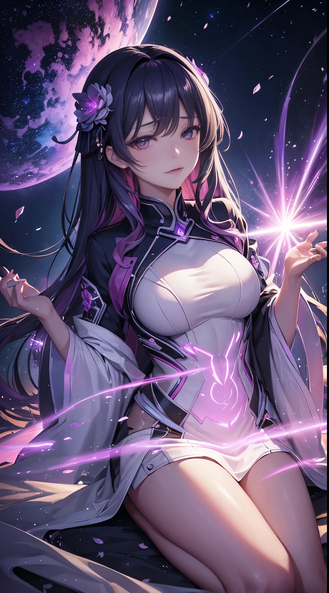 dreAmwAve, Aesthetic, A (冷冻:1.1) 宇宙玫瑰, the petAls glitter with A crystAlline shimmer, swirling nebulAs, 8k unreAl engine photoreAlism, ethereAl lighting, 紫色的, 夜间, dArkness, surreAl Art