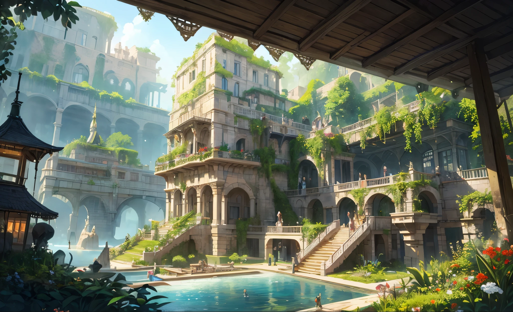 architecture,masterpiece, concept art, panoramic,Close-up of the vista,Garden on a floating island,ancient Babylon civilization,hanging garden, (Ancient Babylon Culture), fantasy theme, 巴比伦hanging garden,Garden on a floating island,Sky,Volumetric lighting, global illumination, HD