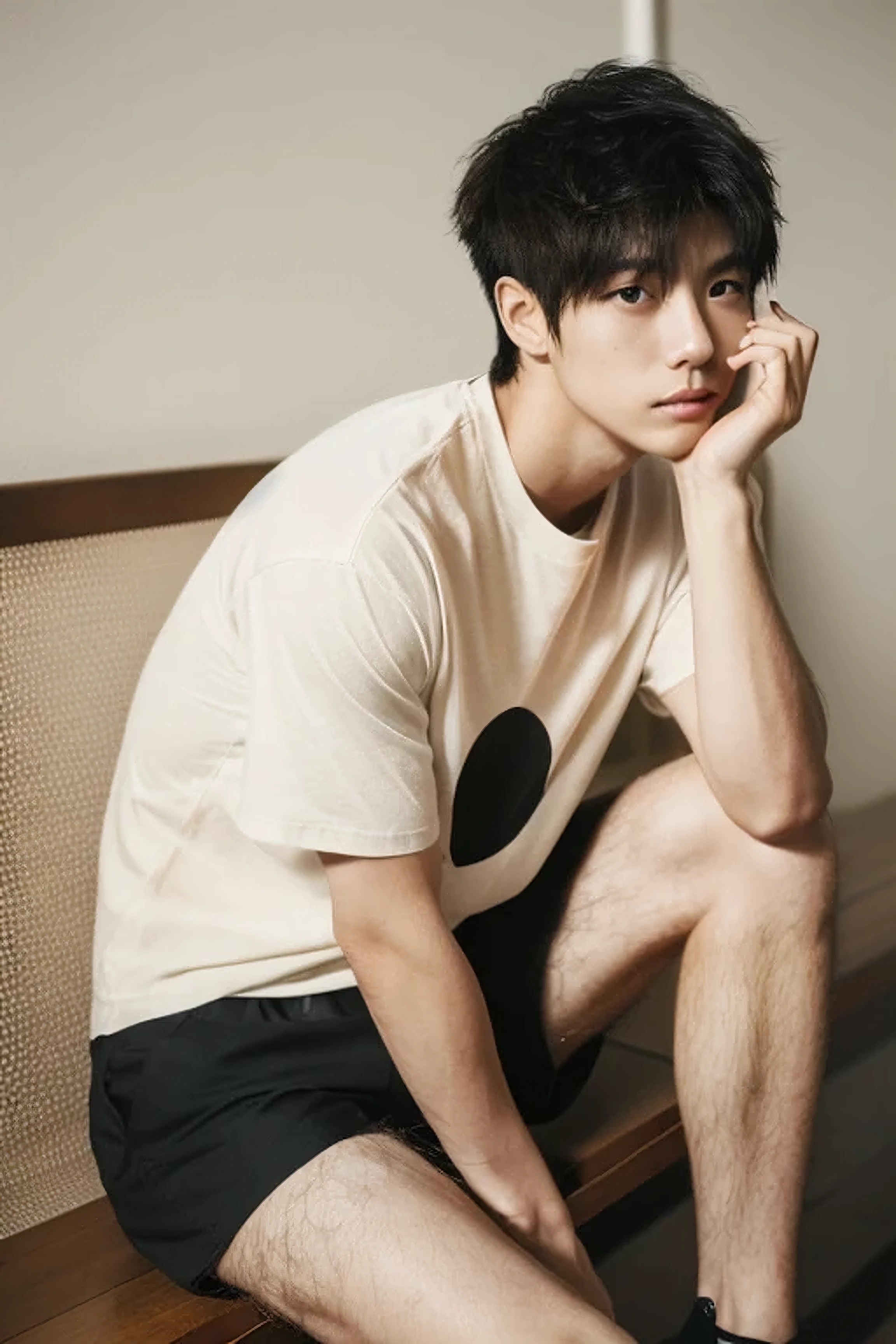 (super sharp focus), (((hairy legs))), hairy legs, toned legs, whole body, two block, messy shortt hair, long legs, Japan Male, 27 years old, wearing beige shorts, wearing a black T-shirt, very short hair, black hair