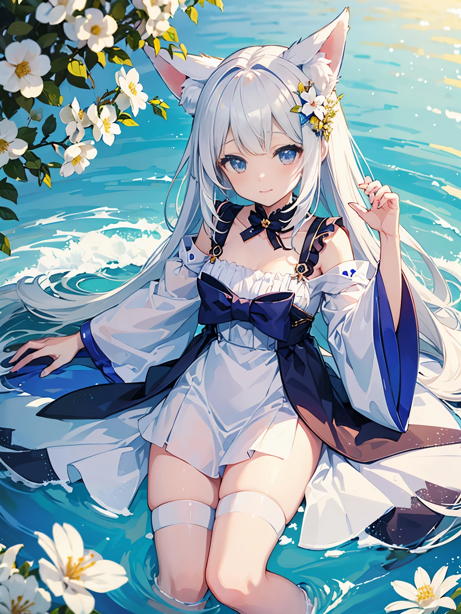 (MASTERPIECE), (Best Quality), (Ultra Detail), Official Art, One Girl, Silver-haired Loli, Petite Little Girl, White and Gold Swimsuit, Off Shoulder, Small, Small, Small, Cleavage, Underboob, Thigh Focus, Navel Out, Beach, Card Illustration, Wallpaper