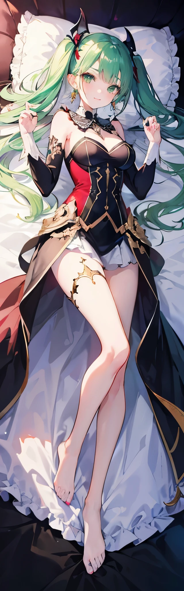 1 girl, smile, butterfly hair ornaments, butterfly earrings, green eyes, No sleeve, red nails, (masterpiece, highest quality, highest quality, official art, beautiful and aesthetic: 1.2), (light green hair, Vertical roll twin tails),(((bangs,Bangs aligned above the eyebrows))),(Big eyes,slanted eyes),4K, hyper hd, white skin, baroque, Gothic Lolita, race, frills,elegant, Smooth anime CG art, movie lighting, vampire, bat wings, lure,((full body illumination,on the bed、On your back、lying down、beautiful girl))
