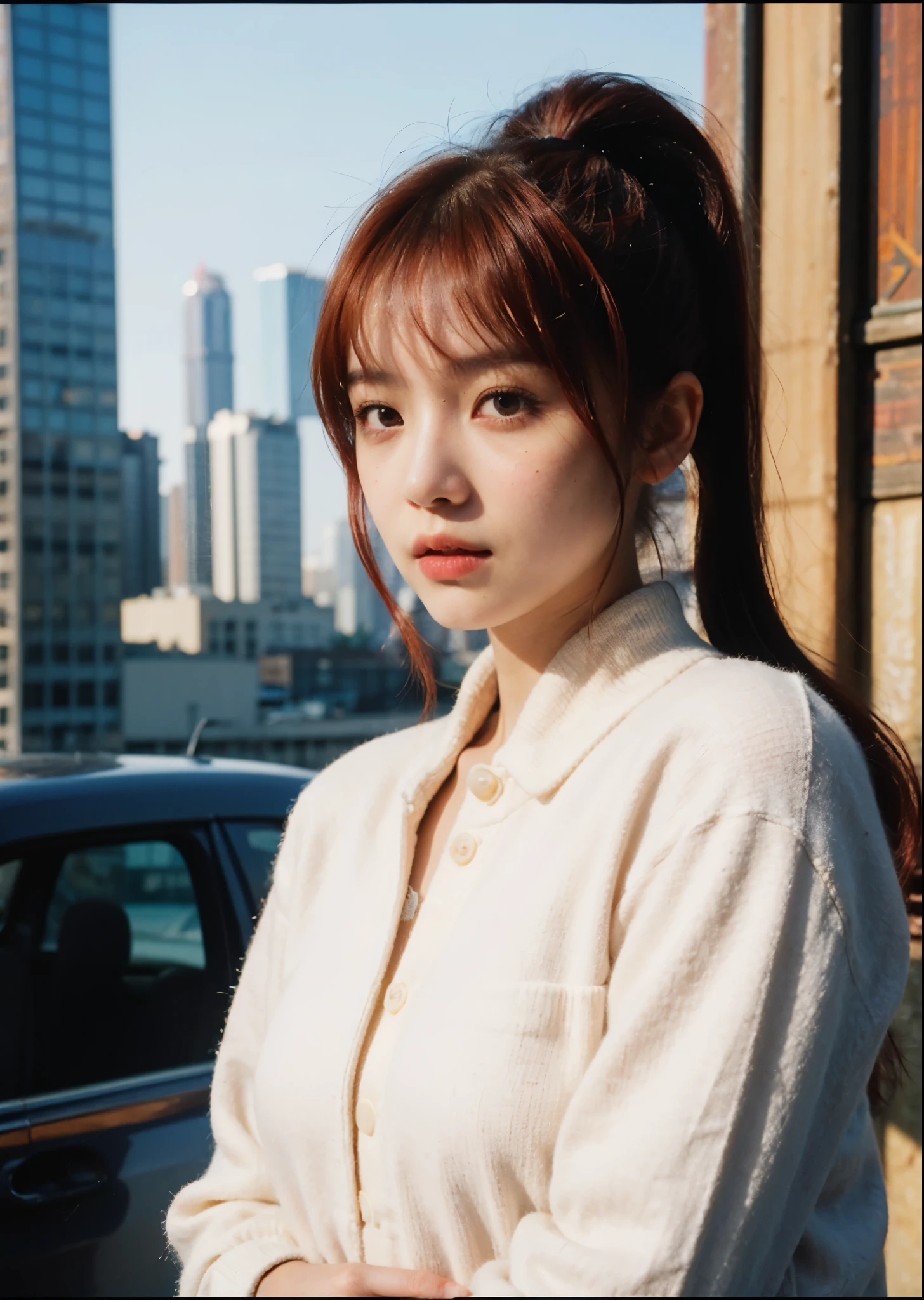 original photo, (polaroid photograph, Photo looks like it was taken with a Polaroid camera:1.1),
Photos of Hong Kong 1girl, (Wear warm-up clothes :1.3), permanent,
naughty face, Sweat, small breasts, Sunlight, sunlight,
(Redhead hair, double ponytail hair:1.36), Front view, skin shiny ( City:1.4),
winter,
dawn, natural skin texture, Surrealism, human development report, Super detailed, original photo, photoactual, best quality, high resolution, actual, 8k, Caustics, dynamic light, Beautiful and delicate lips, delicate finger, Detailed pupils, Real human skin,
