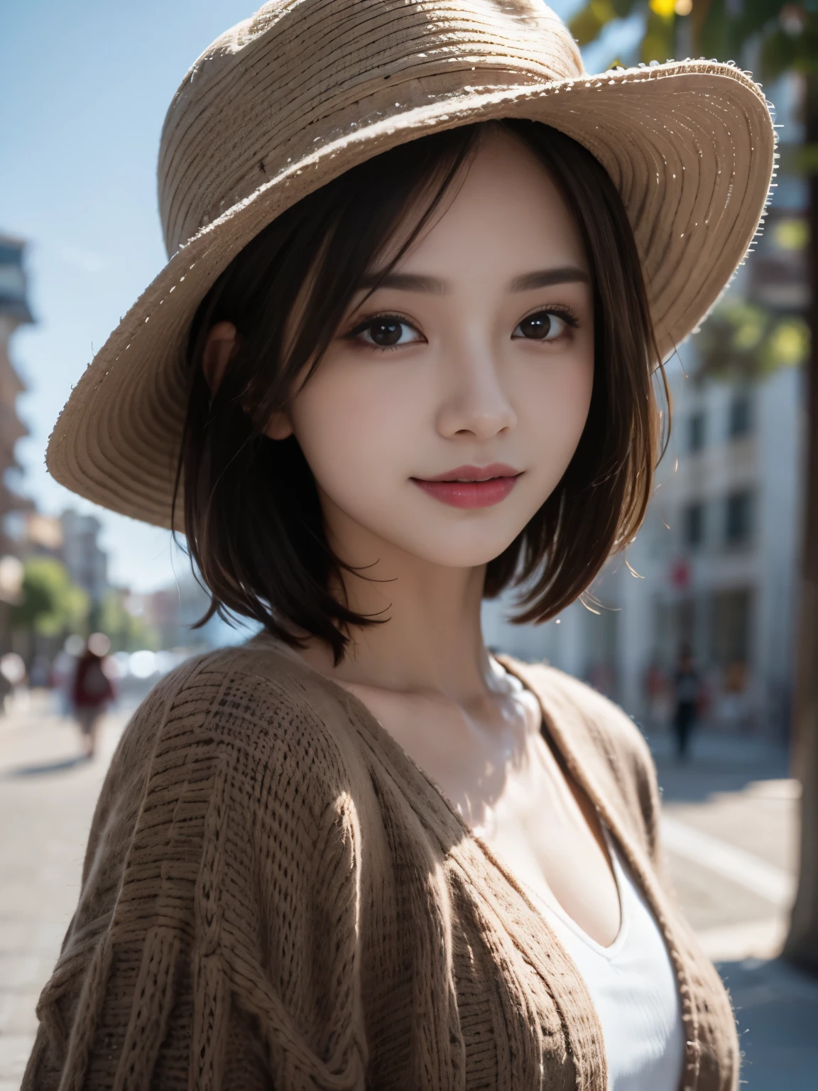 best quality, realistically, super detailed, fine pubic hair, High resolution, solid color background,8k wallpaper, 1 beautiful woman,,Light brown short hair, Wacky angles、Wearing a hat in casual fashion, lock focus, perfect dynamic composition, beautiful eyes, delicate hair, 细致realistically的皮肤纹理, smile, close up portrait, model body shape