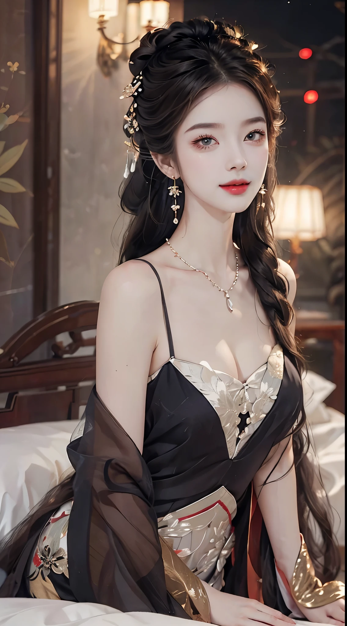 ((knee shot)), ((lying down)), ((Lying on an antique bed)), ((One hand plays with hair, Cover your chest with one hand)), (ancient chinese style), clear face, pretty face, 8k, masterpiece, original photo, best quality, detail:1.2,lifelike, detail, Very detailed, CG, unified, wallpapers, depth of field, movie light, lens flare, Ray tracing, (extremely beautiful face, beautiful lips, beautiful eyes), intricate, detail的脸, ((ultra detailed skin)), 1 girl, in the darkness, deep shadow, beautiful korean girl, kpop idol,(Very slim figure:1.3), A plump chest, Large breasts, Slender sexy legs, Very nice legs, elegant posture, A seductive and seductive pose, (bright smile), (City night, (neon lights), (night), beautiful korean girl, white diamond earrings, Diameter bracelet, Dia necklace, clear eyes, (big eyes)