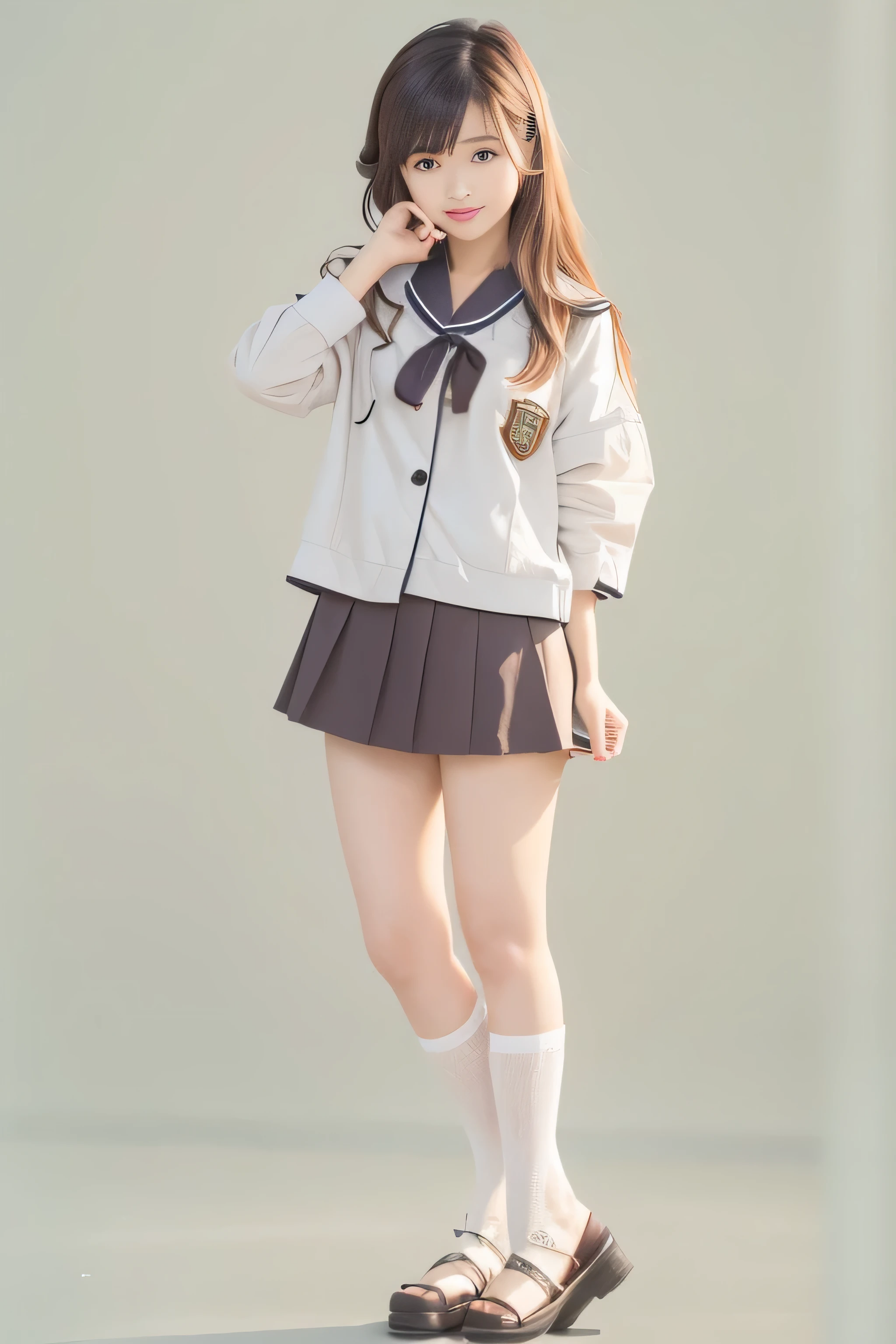 RAW image quality, (((high details,high detail、masterpiece,attention to detail))),Arab-asian woman in uniform, Realistic young gravure idol, surreal high school girl, japanese school uniform, japanese girl uniform, surreal high school girl,Young and cute gravure idol, japanese school uniformを着て, young gravure idol, young gravure idol, A high school girl who looks beautiful and innocent when she smiles,face is flushed,beautiful girl with beautiful legs,beautiful woman natural light、thin clothes,semi-long,perm,brown shiny hair,Make a troubled face,Shallow depth of writing,