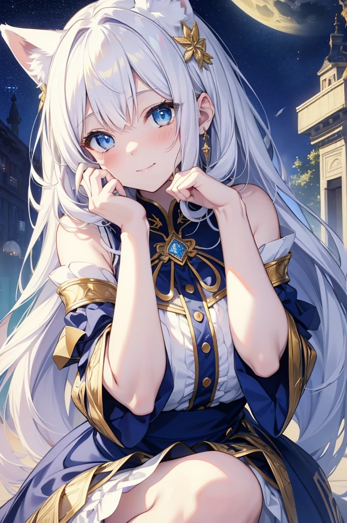 masterpiece, best quality, detailed，8K，1 girl, White fox girl，loli，(rich and colorful),blue eyes，Jewel color,(Delicate and beautiful eyes and delicate face),white hair,alone,Squatting，Cover your face with your hands，blush，Smile，shy expression,blue and gold skirt,White and gold，looming thighs，sexy，Sky, Antique architecture, moon光, moon, night, high contrast,,The impression of white and gold tones .