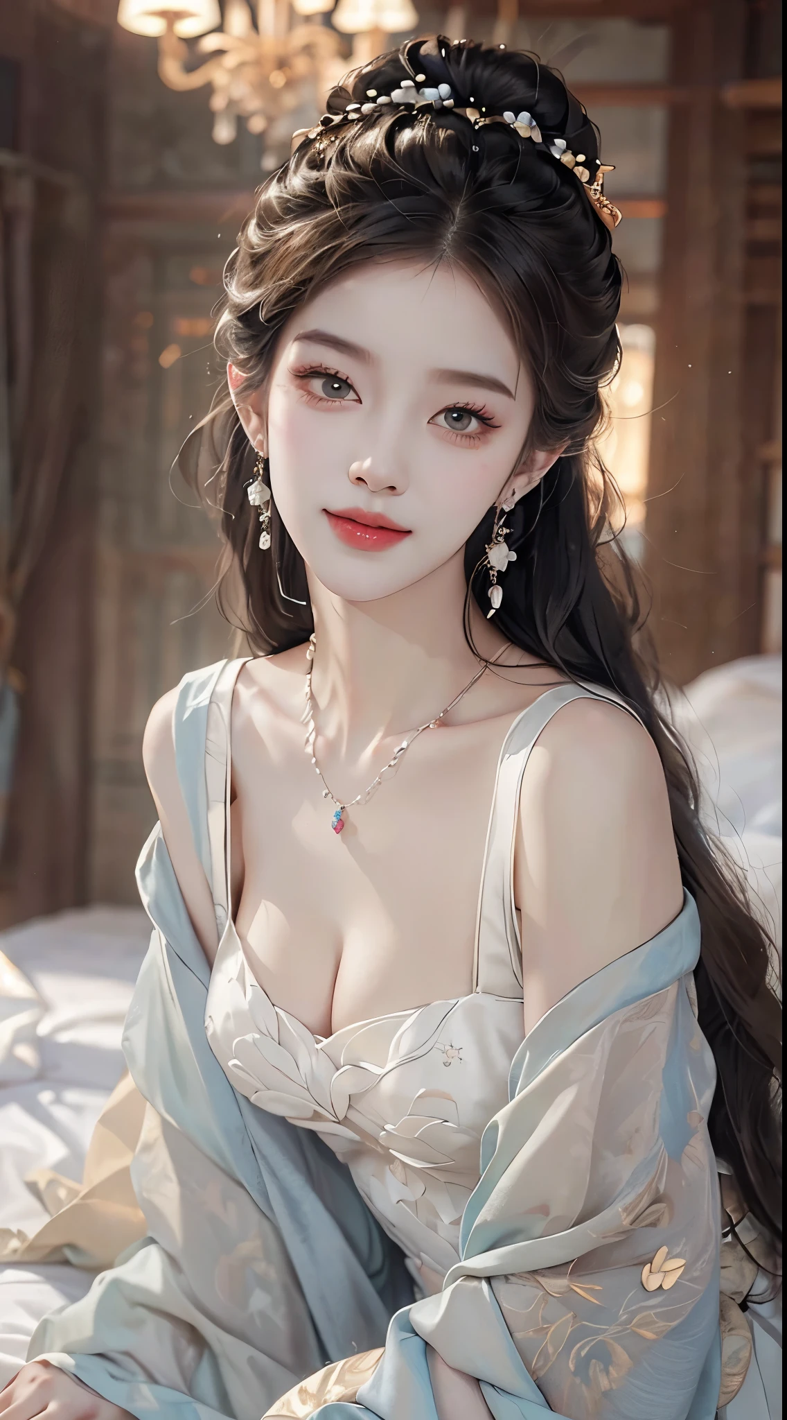 ((knee shot)), ((lying down)), ((Lying on an antique bed)), ((One hand plays with hair, Cover your chest with one hand)), (ancient chinese style), clear face, pretty face, 8k, masterpiece, original photo, best quality, detail:1.2,lifelike, detail, Very detailed, CG, unified, wallpapers, depth of field, movie light, lens flare, Ray tracing, (extremely beautiful face, beautiful lips, beautiful eyes), intricate, detail的脸, ((ultra detailed skin)), 1 girl, in the darkness, deep shadow, beautiful korean girl, kpop idol,(Very slim figure:1.3), A plump chest, Large breasts, Slender sexy legs, Very nice legs, elegant posture, A seductive and seductive pose, (bright smile), (City night, (neon lights), (night), beautiful korean girl, white diamond earrings, Diameter bracelet, Dia necklace, clear eyes, (big eyes)