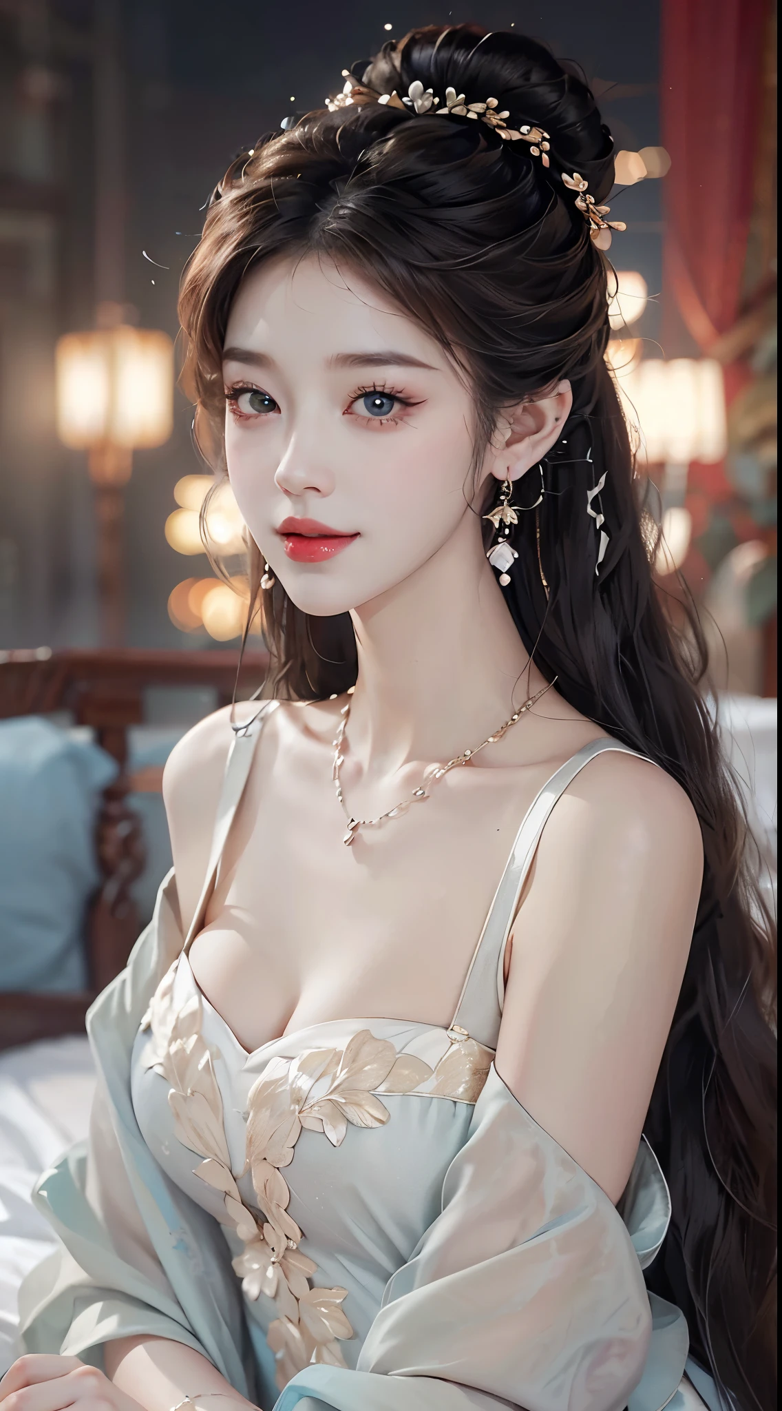 ((knee shot)), ((lying down)), ((Lying on an antique bed)), ((One hand plays with hair, Cover your chest with one hand)), (ancient chinese style), clear face, pretty face, 8k, masterpiece, original photo, best quality, detail:1.2,lifelike, detail, Very detailed, CG, unified, wallpapers, depth of field, movie light, lens flare, Ray tracing, (extremely beautiful face, beautiful lips, beautiful eyes), intricate, detail的脸, ((ultra detailed skin)), 1 girl, in the darkness, deep shadow, beautiful korean girl, kpop idol,(Very slim figure:1.3), A plump chest, Large breasts, Slender sexy legs, Very nice legs, elegant posture, A seductive and seductive pose, (bright smile), (City night, (neon lights), (night), beautiful korean girl, white diamond earrings, Diameter bracelet, Dia necklace, clear eyes, (big eyes)