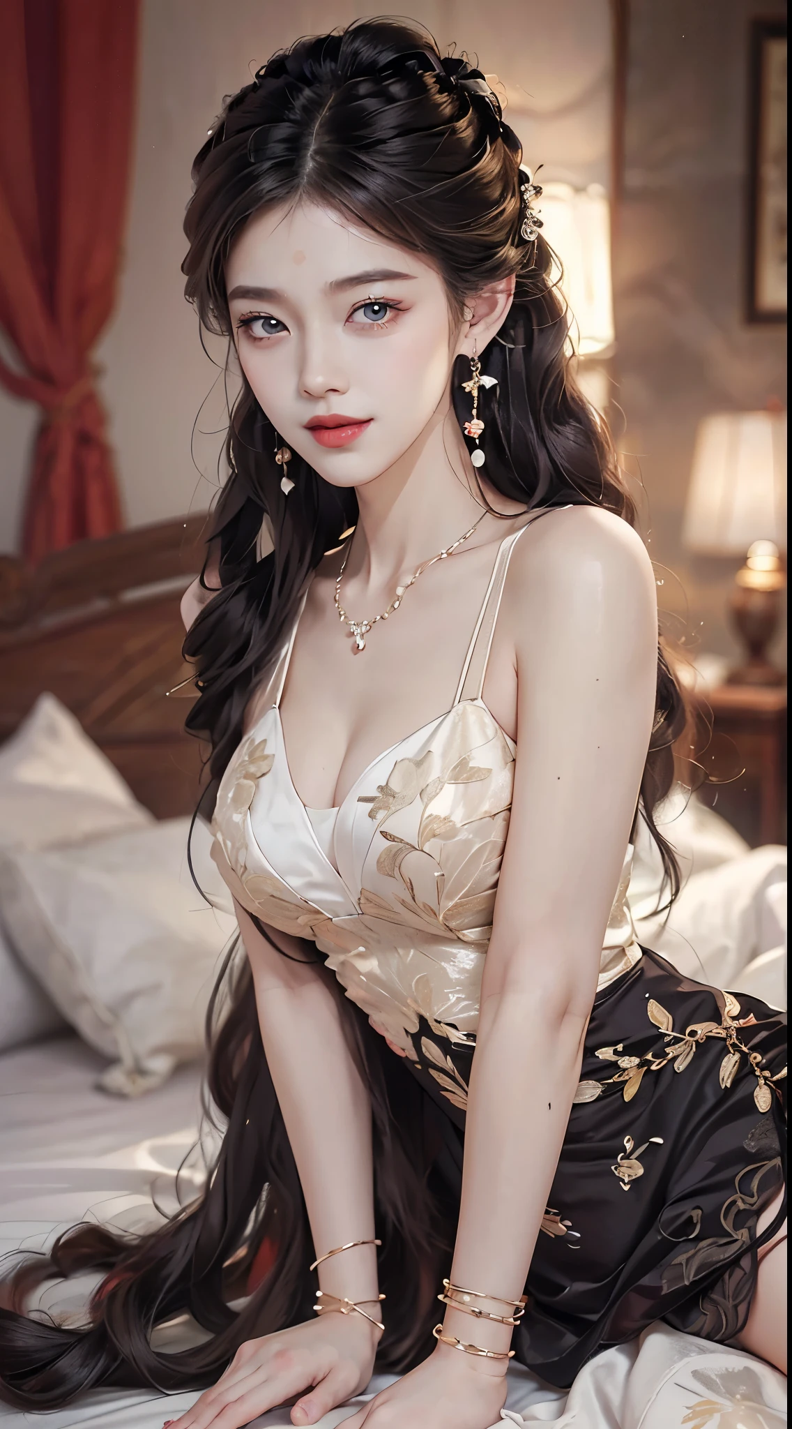 ((knee shot)), ((lying down)), ((Lying on an antique bed)), ((One hand plays with hair, Cover your chest with one hand)), (ancient chinese style), clear face, pretty face, 8k, masterpiece, original photo, best quality, detail:1.2,lifelike, detail, Very detailed, CG, unified, wallpapers, depth of field, movie light, lens flare, Ray tracing, (extremely beautiful face, beautiful lips, beautiful eyes), intricate, detail的脸, ((ultra detailed skin)), 1 girl, in the darkness, deep shadow, beautiful korean girl, kpop idol,(Very slim figure:1.3), A plump chest, Large breasts, Slender sexy legs, Very nice legs, elegant posture, A seductive and seductive pose, (bright smile), (City night, (neon lights), (night), beautiful korean girl, white diamond earrings, Diameter bracelet, Dia necklace, clear eyes, (big eyes)