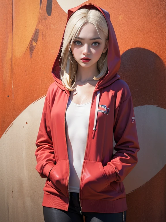 (best quality, 8k, highres, photorealistic:2.0), (solo, one girl:2.0),(lighting:front),(lighting: strong),(american beauty:2.0),(girl is very muscular:1.5),(shiny skin:1.5),(oily skin:1.5),(platinum blonde hair color:1.5),(flat chest:1.5),(((small breasts))),(Photographed in the slums of Detroit),(ultimate beautiful girl),(((energetic woman))),(((hip hop culture))),(hip hop dancer),((hoodie zip fully open)),(((hip hugging pants))),Blush brown makeup , dark eye makeup ,pink lipstick,(big eyes girl:1.3)