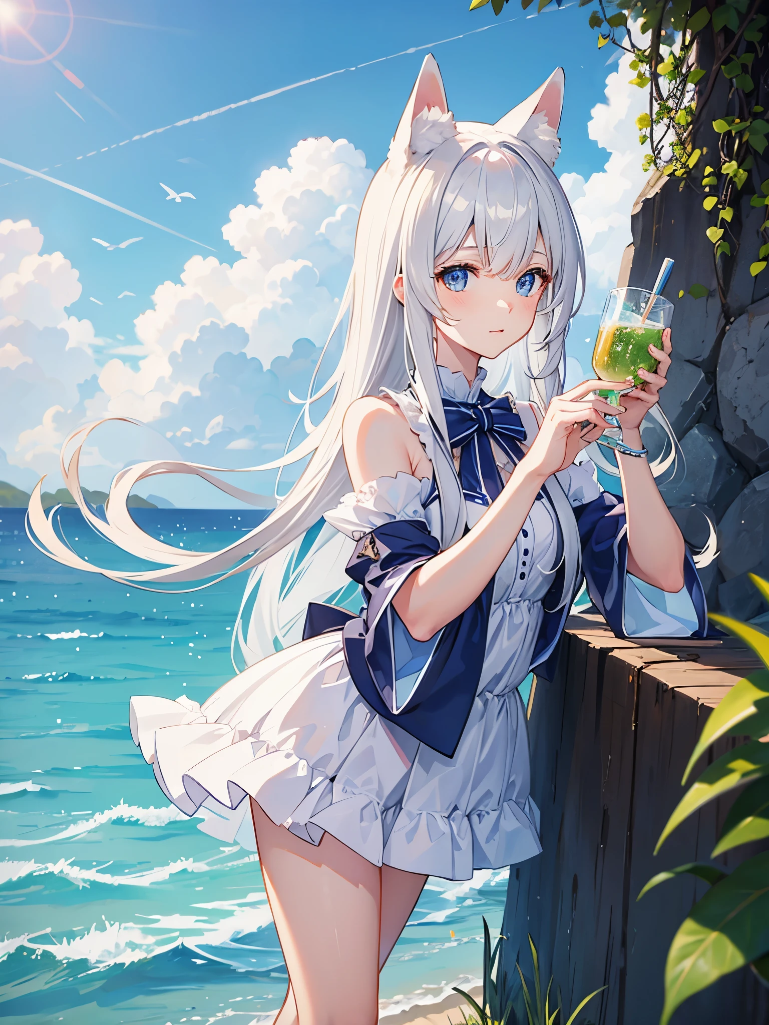 Pure fox-eared girl(Cheerful)Skin is hydrated(Highlights the voluptuousness of thighs) white flower。Standing on the cliff edge of the coast。Action settings:Turn around。deep feeling