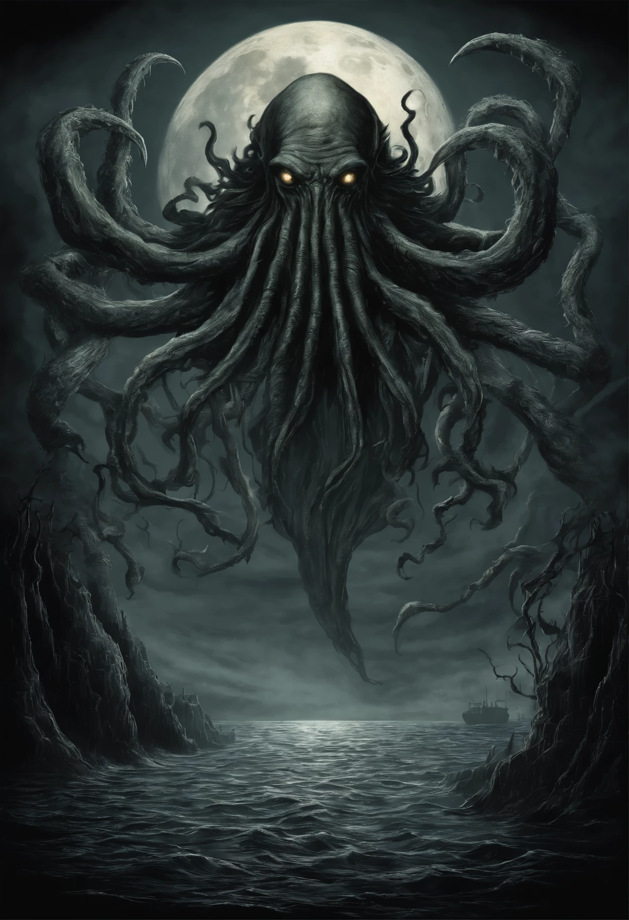 "Cthulhu emerging from the dark depths of the sea, illuminated by the haunting glow of the full moon, with impeccable realism and intricate detail."