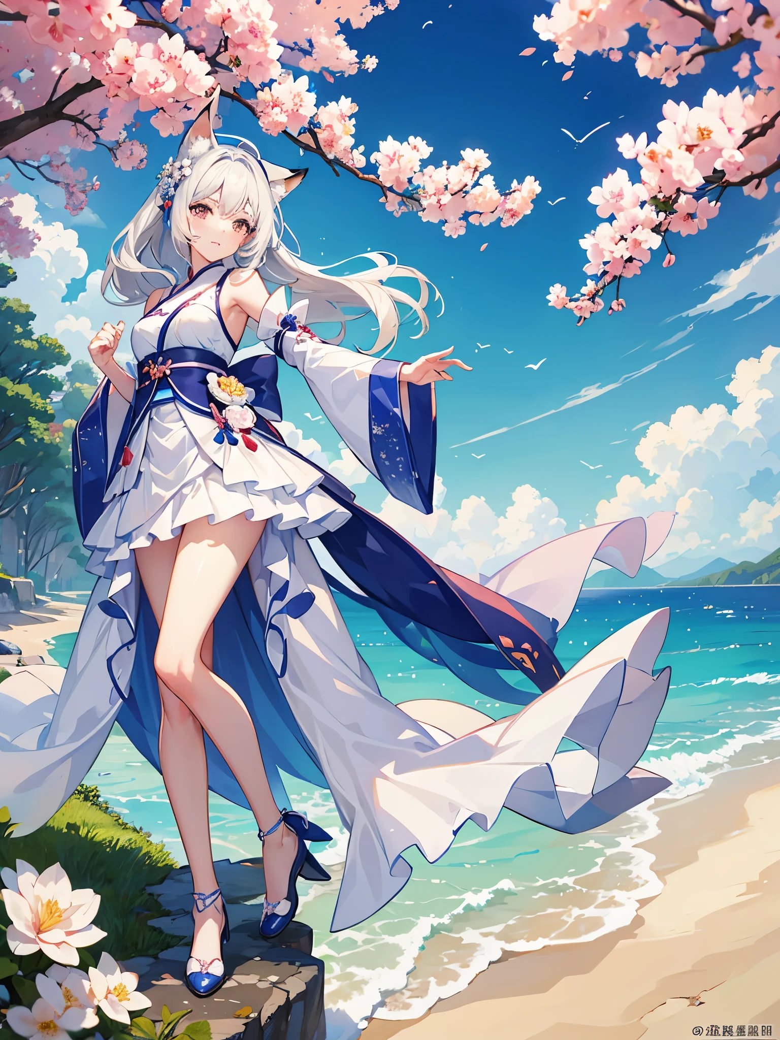 （8k，best qualtiy，tmasterpiece：1.2），（realisticlying，photo-realistic）， （1girll）， 独奏， Clear and beautiful delicate golden eyes， long whitr hair， sitted， close to viewer， （Hanfu， ming， Tomorrow morning， Ming clothing： 1.4）， Light smile， （Arm behind your back）， Eau， and the sun was shining brightly， （Sakura blossoms）， Snowy mountain lake in the background， Large bare breasts，Perfectly proportioned hands