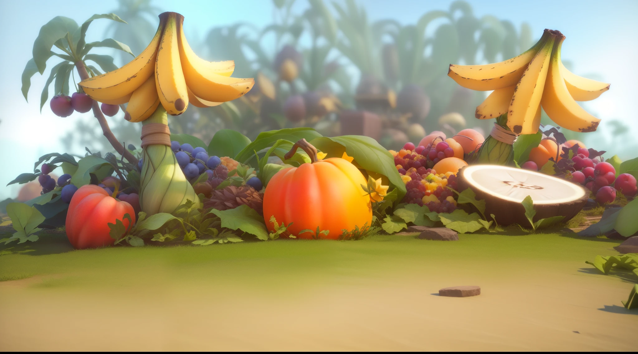 There are many fruits and vegetables on the ground, fairy fruit. octane rendering, Stylized 3D 渲染, 3D rendering stylization, Stylized for 3D rendering, 3D stylized scene, stylized game art, Roland Zilvinskis 3D Rendering Art, Cartoon rendering key shots, animation style rendering, Stylized 3D