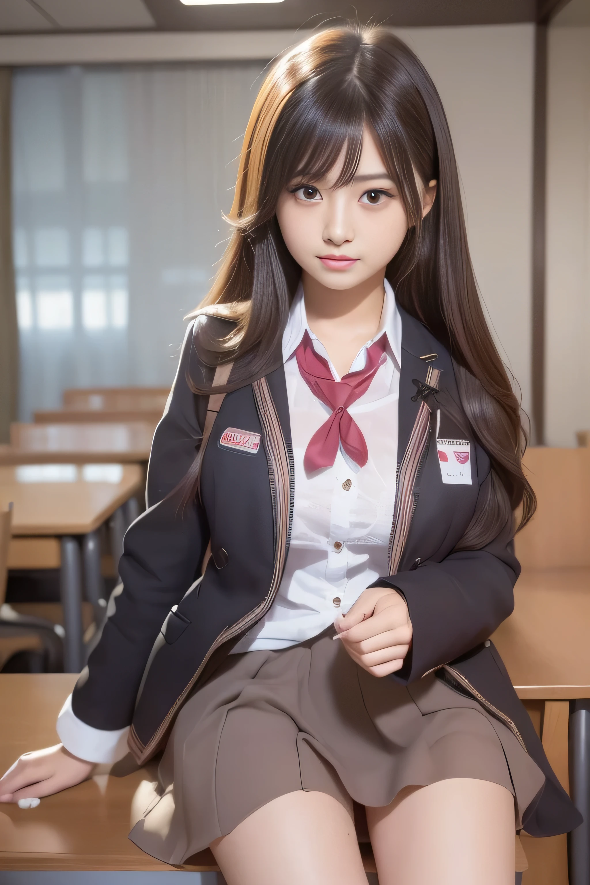 RAW image quality, (((high details,high detail、masterpiece,attention to detail))), (1 girl:1.4), Arab-asian woman in uniform, Realistic young gravure idol, surreal high school girl, japanese school uniform, japanese girl uniform, surreal high school girl,Young and cute gravure idol, japanese school uniformを着て, young gravure idol, young gravure idol, A high school girl who looks beautiful and innocent when she smiles,face is flushed,beautiful girl with beautiful legs,beautiful woman natural light、thin clothes,semi-long,perm,brown shiny hair,Make a troubled face,Shallow depth of writing, biologically correct,