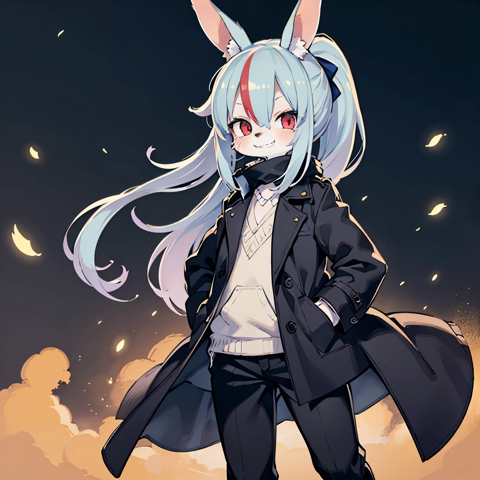 (masterpiece, highest quality), intricate details, 8K, Bunny ears, whole body, boy, red eyes, cool, Normal body type, black background ponytail, anime, tall, the wind is blowing to the right, Mofumofuno, Hair is fluttering, black trench coat and black pants, grin and laugh, furry, (1 person:1.4), in the middle, dark aura, black hair,white streaked hair
