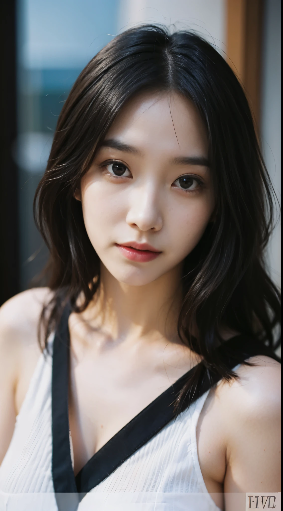 (((Cabin attendant clothing)))、Film portrait photography、1 girl in、Bare shoulders、Shoulder length wavy hair、calm、calm、(Realistic detaild eyes、natural skin texture、逼真的面部detail)、Soft dramatic lighting、depth of field、Bokeh、充满活力的detail、detail、surreal、35mm film、Vague