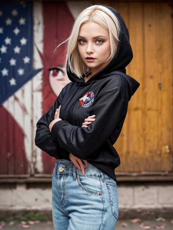 (best quality, 8k, highres, photorealistic:2.0), (solo, one girl:2.0),(lighting:front),(lighting: strong),(american beauty:2.0),(girl is very muscular:1.5),(shiny skin:1.5),(oily skin:1.5),(platinum blonde hair color:1.5),(flat chest:1.5),(((small breasts))),(Photographed in the slums of Detroit),(ultimate beautiful girl),(((energetic woman))),(((hip hop culture))),(hip hop dancer),((hoodie zip fully open)),(((hip hugging pants))),Blush brown makeup , dark eye makeup ,pink lipstick,(big eyes girl:1.3)