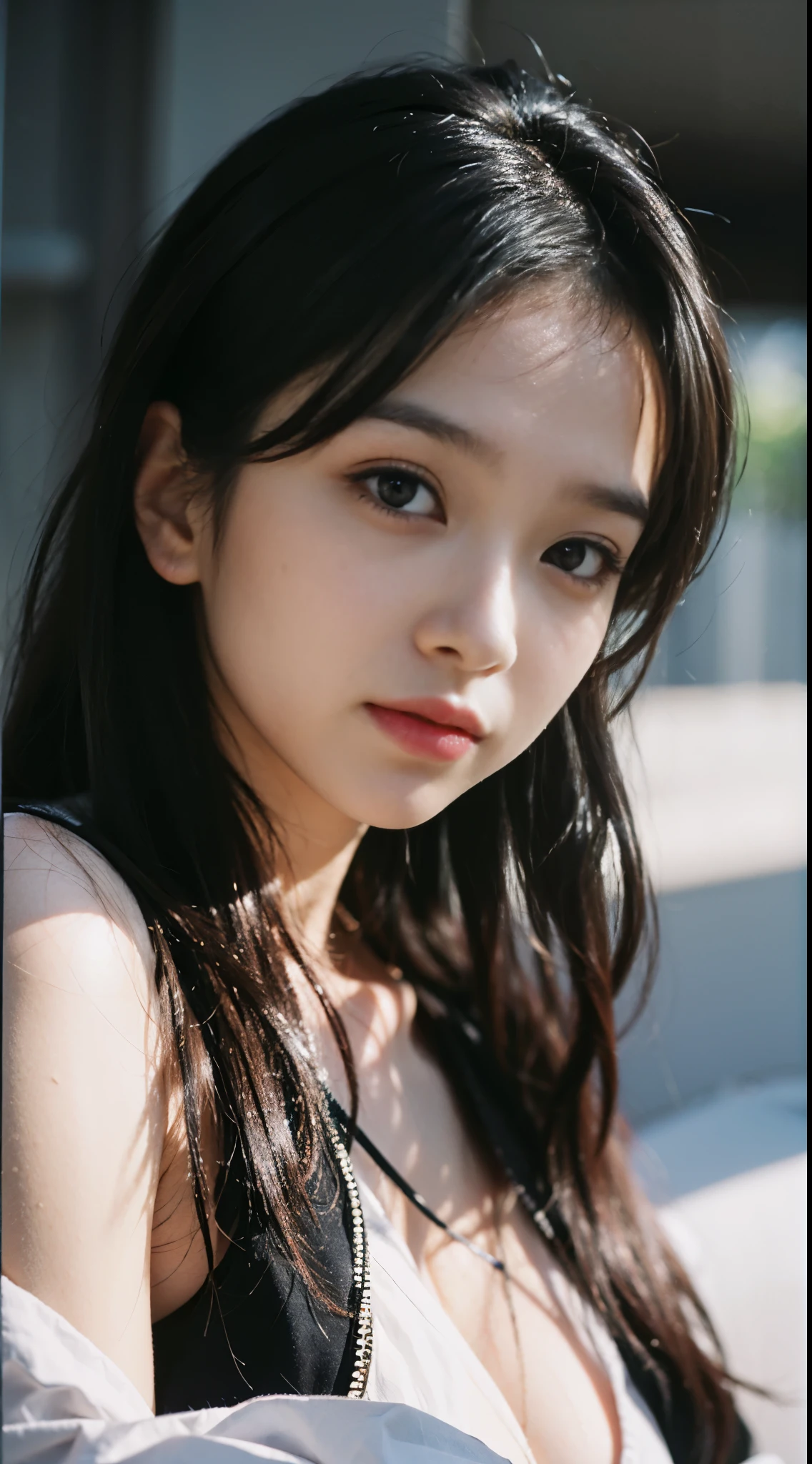 (((Cabin attendant clothing)))、Film portrait photography、1 girl in、Bare shoulders、Shoulder length wavy hair、calm、calm、(Realistic detaild eyes、natural skin texture、逼真的面部detail)、Soft dramatic lighting、depth of field、Bokeh、充满活力的detail、detail、surreal、35mm film、Vague