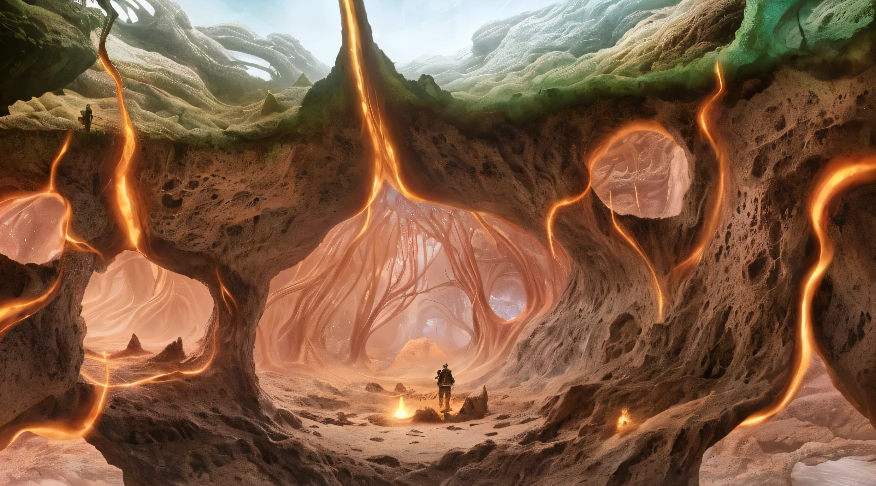 (Best Selling Concept Art:1.2), (Detailed digital illustrations:1.2), (Arte conceptual fotorrealista:1.37), (Alien deposition concept:0.9), (cave system),(cave background), (Tiankeng), (deep Tiankeng), (spongy stomach), (cavernous environment), (Tiankengs), (little-footed creature), (rendered illustration), (Conceptual artwork), (background art), (Volcanic mouth), (Concept map), (Detailed digital illustrations), (bright colors), (sharp focus), (Bokeh), (Unique lighting), (mysterious atmosphere), (intricate details), (drama composition), (textures true to reality), (Imaginative artistry), (An otherworldly feel), (underground exploration), (Ominous mood), (ethereal aesthetic), (dynamic perspective), (charming scenery), (enchanting atmosphere), (majestic formation), (hidden paragraph), (otherworldly beauty), (Extraordinary depth), (amazing spectacle), (unexplored territory), (hidden miracle), (Underground Mystery), (Reijin&#39;s appearance), (Uncharted territory), (enigmatic landscape), (Calm and tranquil), (Sublime tranquility), (interesting glimpse), (Uncovering Secrets), (Journey into the unknown), and (Adventure exploration).4K