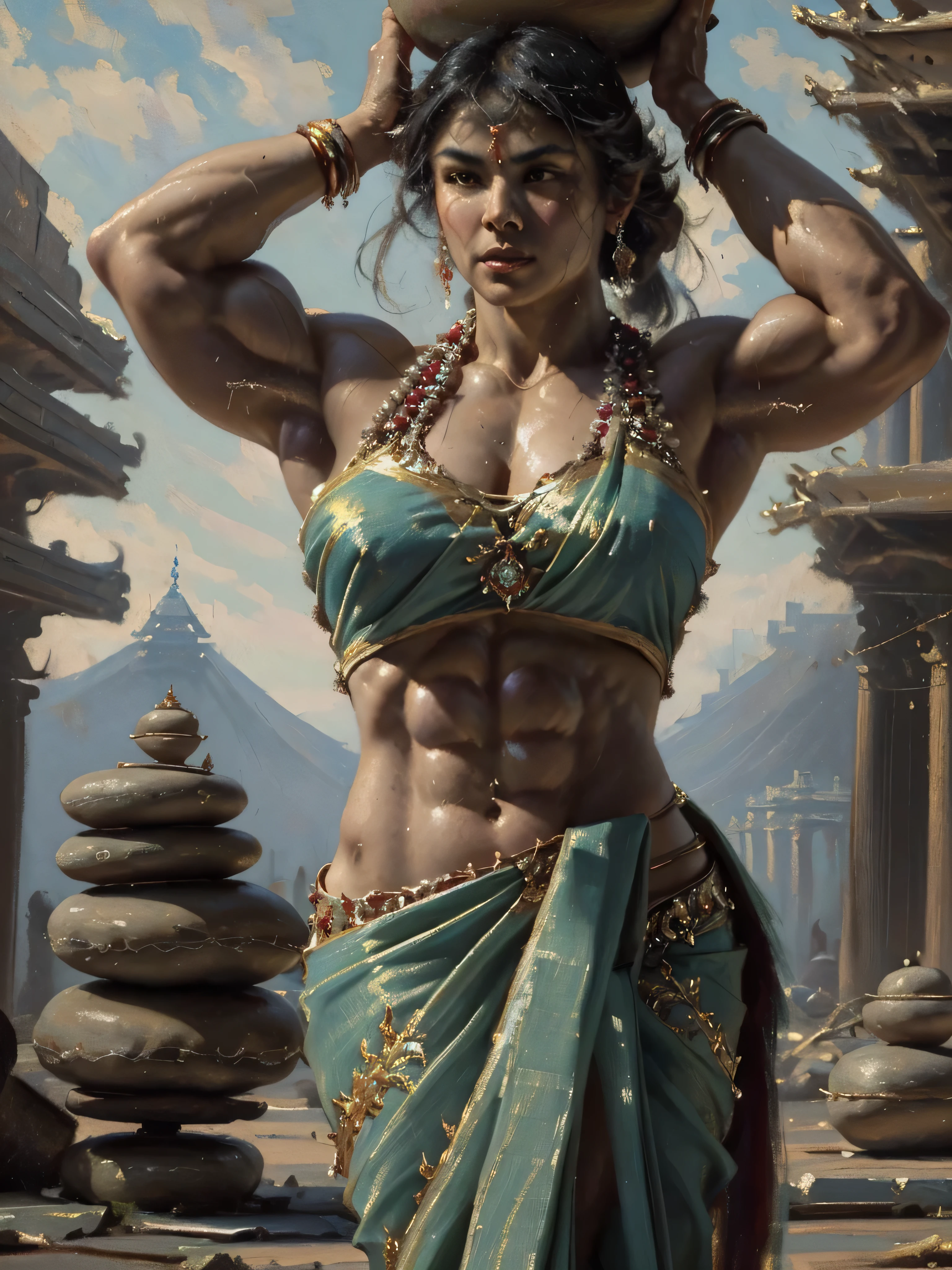 Oil painting style, Oil painting from the 19th century. Jahrhundert, which shows the portrait of a person (very muscular:1.7) (orientalische Prinzessin:1.5) (She lifted a heavy stone over her head:1.5) in einem (destroyed temple:1.3), (enger Saree:1.5), (sweatdrop:1.15), (Meisterwerk), best quality, ausdrucksstarke Augen, perfektes Gesicht, (Allein:2)