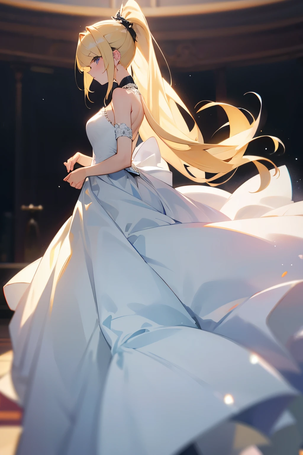 (work of art), (masterpiece), (best quality), a blonde girl, (blue eyes), wearing nothing, brightly lit night city background, red bow, butterflies in golden circle, flowing hair , but g , full figure head to toes , standing beside poles