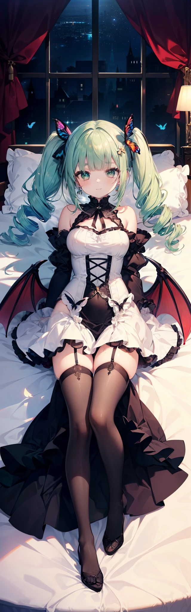 1 girl, smile, butterfly hair ornaments, butterfly earrings, green eyes, No sleeve, red nails, (masterpiece, highest quality, highest quality, official art, beautiful and aesthetic: 1.2), (light green hair, twin drill,twin tails),(((blunt bangs,Bangs aligned above the eyebrows))),(Big eyes,slanted eyes),4K, hyper hd, white skin, baroque, Gothic ta, race, frills,elegant, Smooth anime CG art, movie lighting, vampire, bat wings, lure,((full body illumination,on the bed、On your back、lying down、beautiful girl))