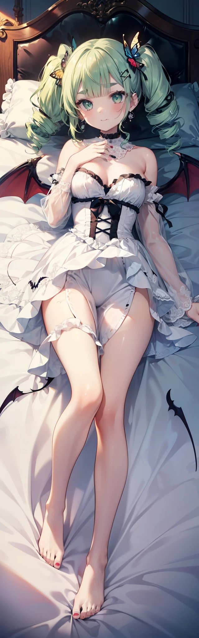 1 girl, smile, butterfly hair ornaments, butterfly earrings, green eyes, No sleeve, red nails, (masterpiece, highest quality, highest quality, official art, beautiful and aesthetic: 1.2), (light green hair, twin drill,twin tails),(((blunt bangs,Bangs aligned above the eyebrows))),(Big eyes,slanted eyes),4K, hyper hd, white skin, baroque, Gothic ta, race, frills,elegant, Smooth anime CG art, movie lighting, vampire, bat wings, lure,((full body illumination,on the bed、On your back、lying down、beautiful girl))