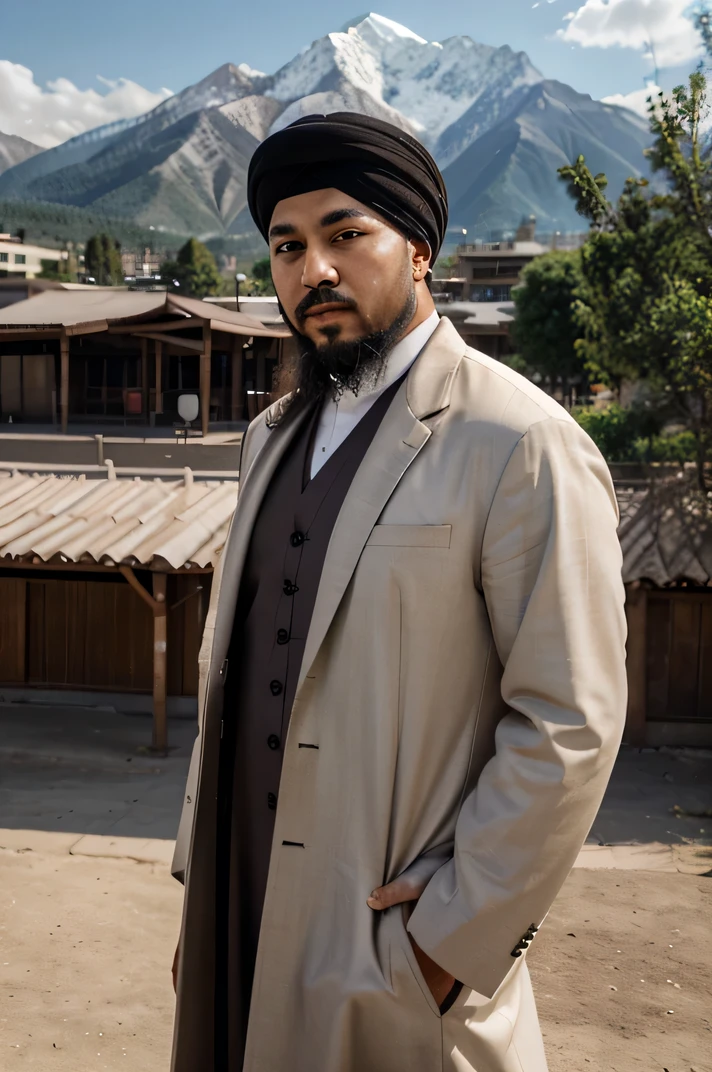 hyper realistic photo, an Asian man wearing a turban and Muslim clothes, side parted,not wearing a beard and mustache, a sheikh's clothes, a school building and mountains in the background